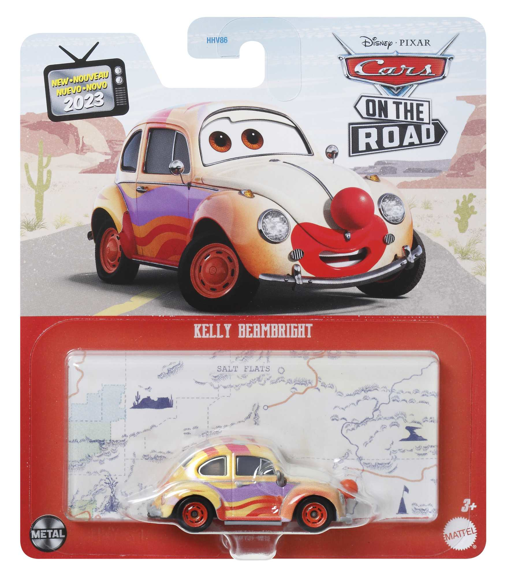 Spielzeugauto mit Clown-Gesicht auf einer Karte. Es ist ein 'Cars'-Charakter. Weißer Hintergrund.