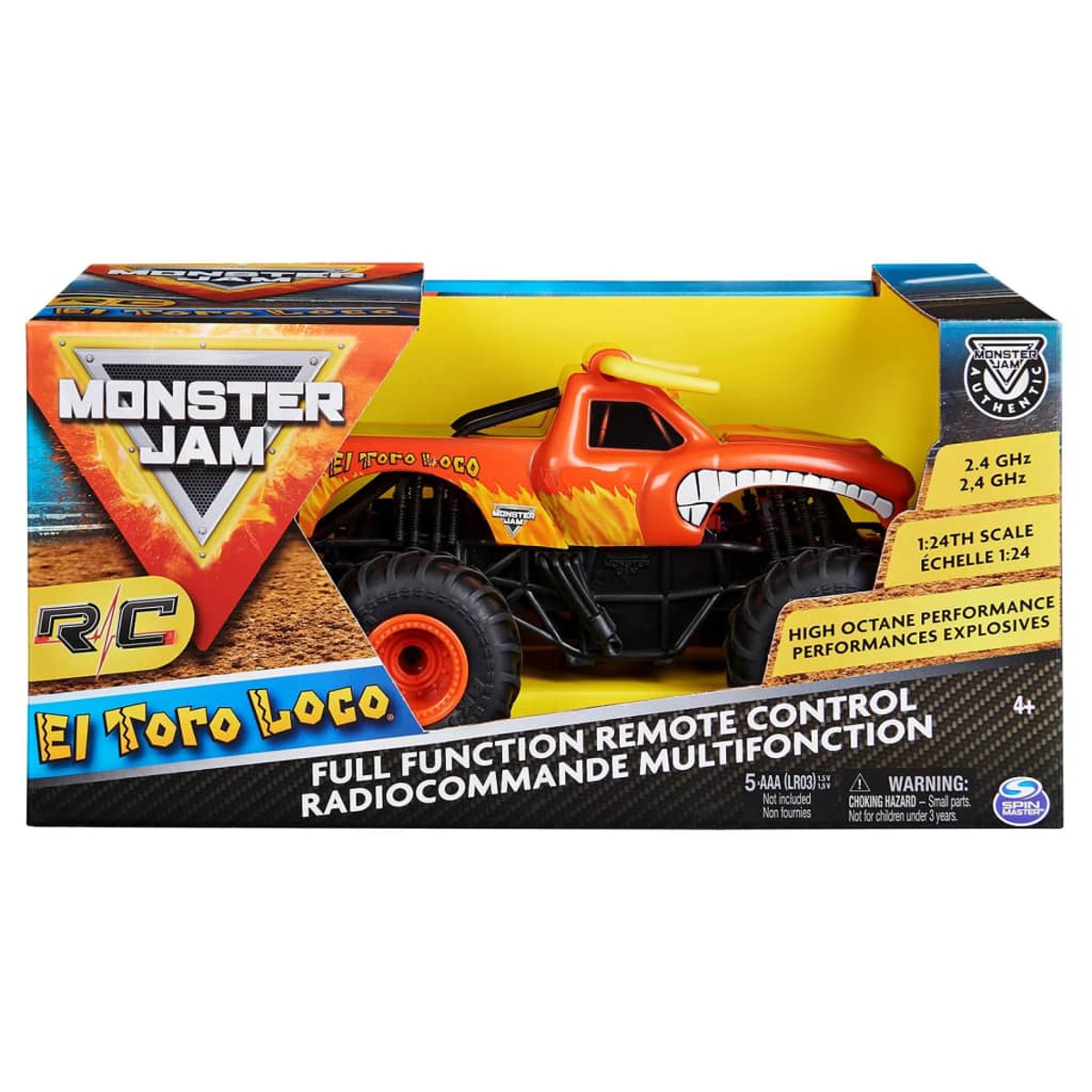 Juguete de camión monstruo naranja en una caja. La caja tiene el nombre El Toro Loco y el logo de Monster Jam.