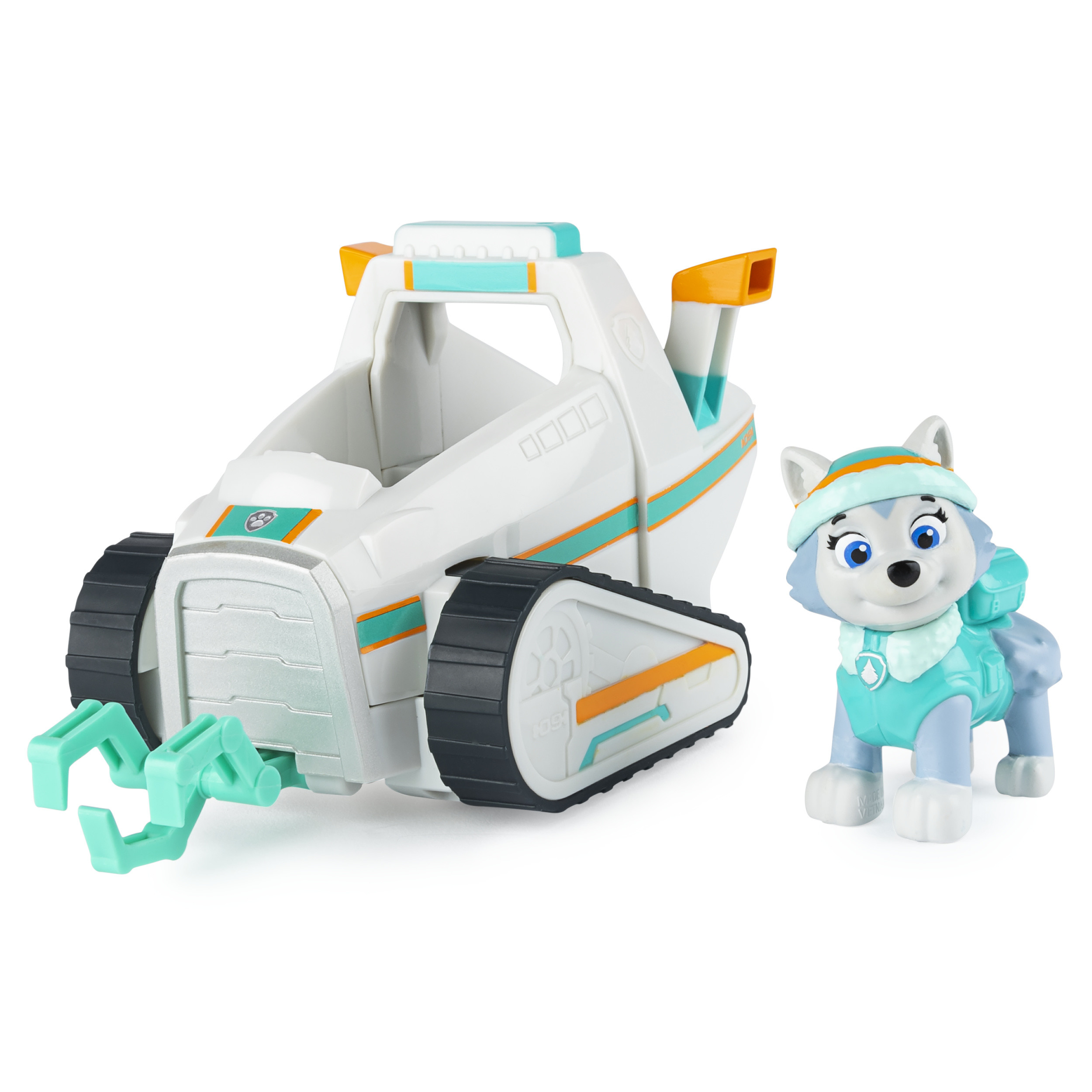 Un vehículo de nieve de juguete blanco y verde azulado con una figura de cachorro.