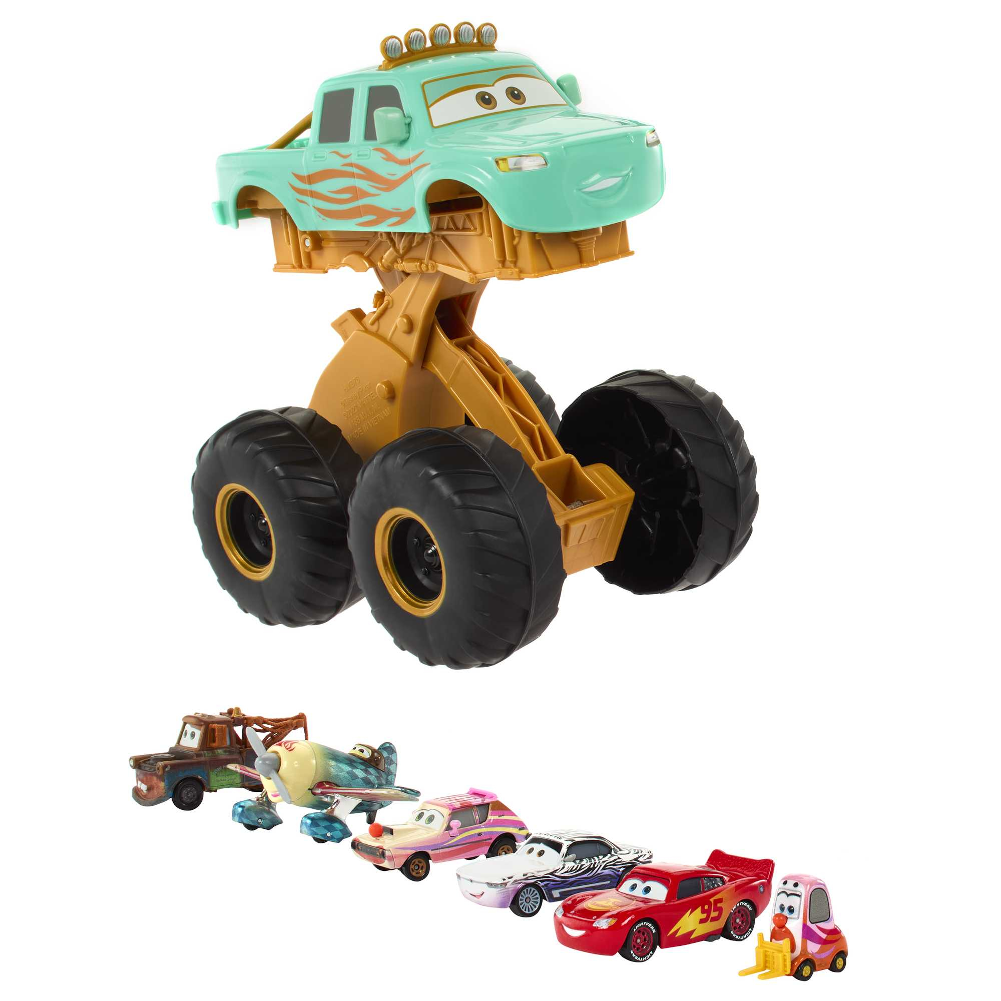 Zabawkowy monster truck z karoserią na górze i kilkoma zabawkami samochodowymi na dole na białym tle.