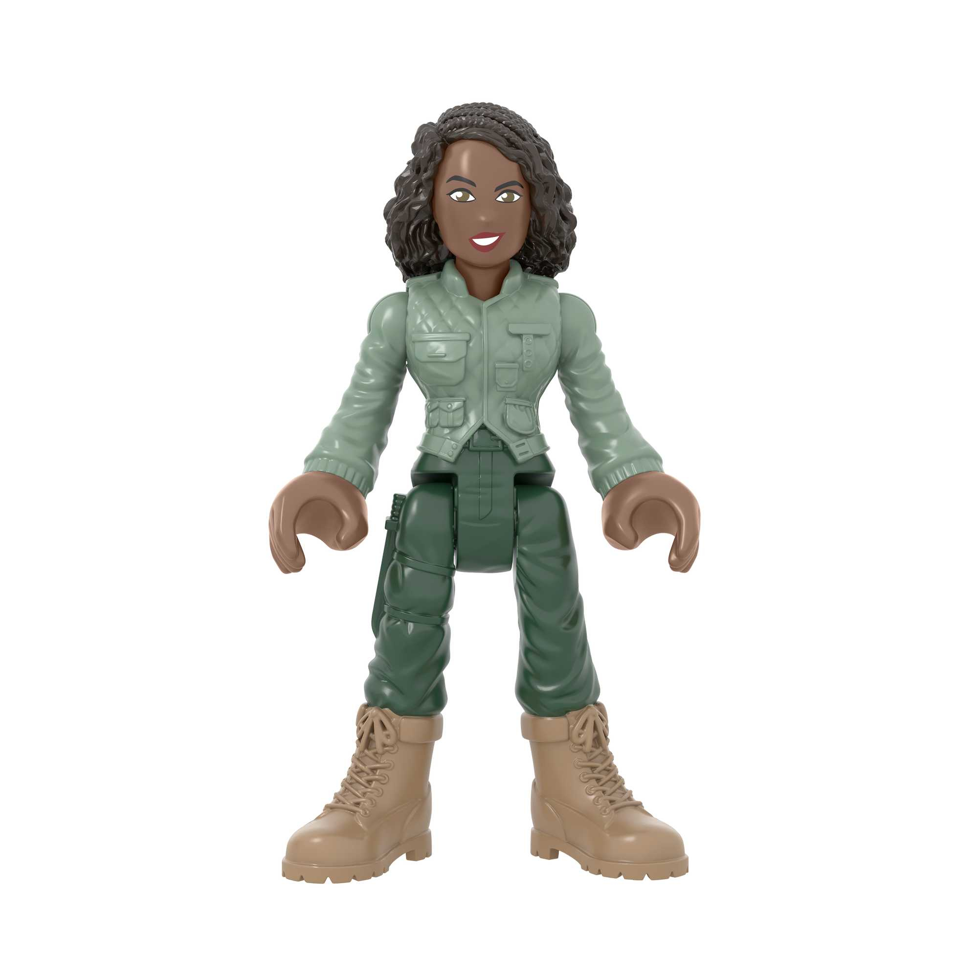 Figurka kobiety o ciemnej skórze, w zielonej kurtce i spodniach, z brązowymi butami.