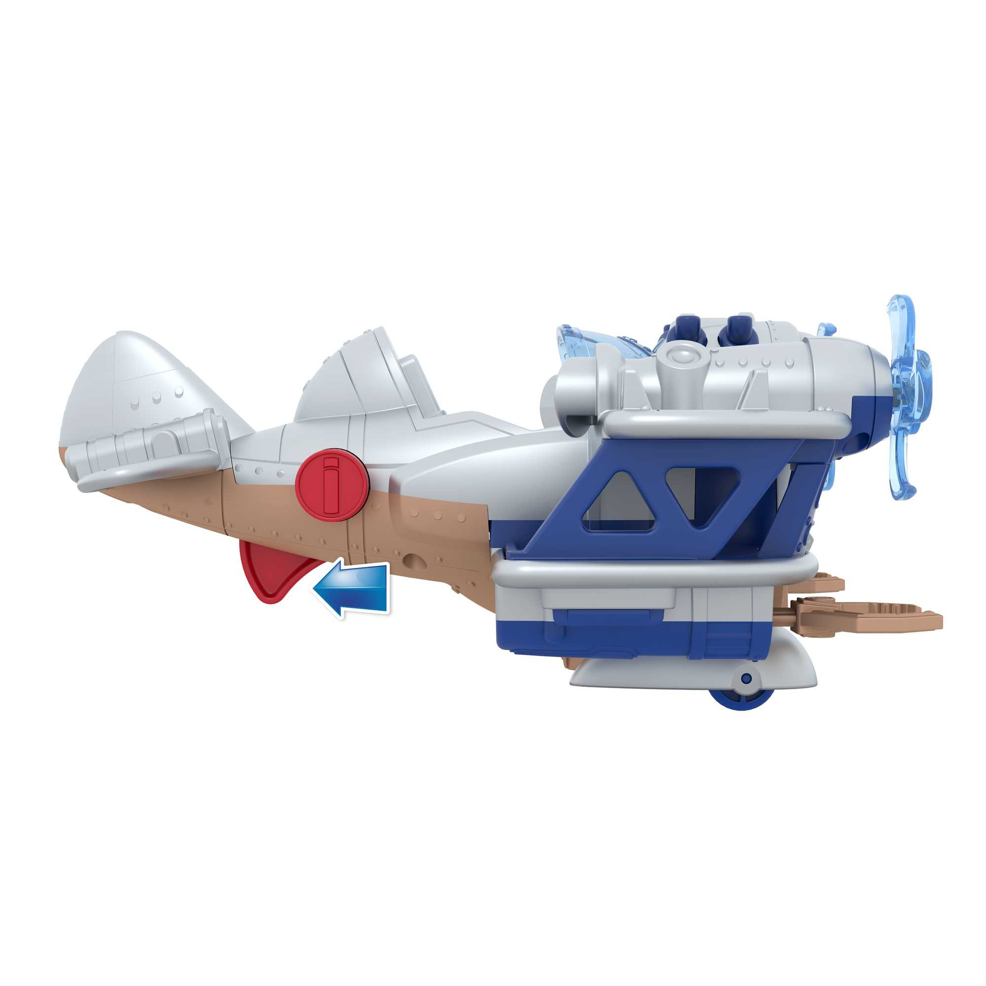 Zabawkowy samolot z niebiesko-białym kadłubem i śmigłem. Ma czerwony ogon i niebieską strzałkę.