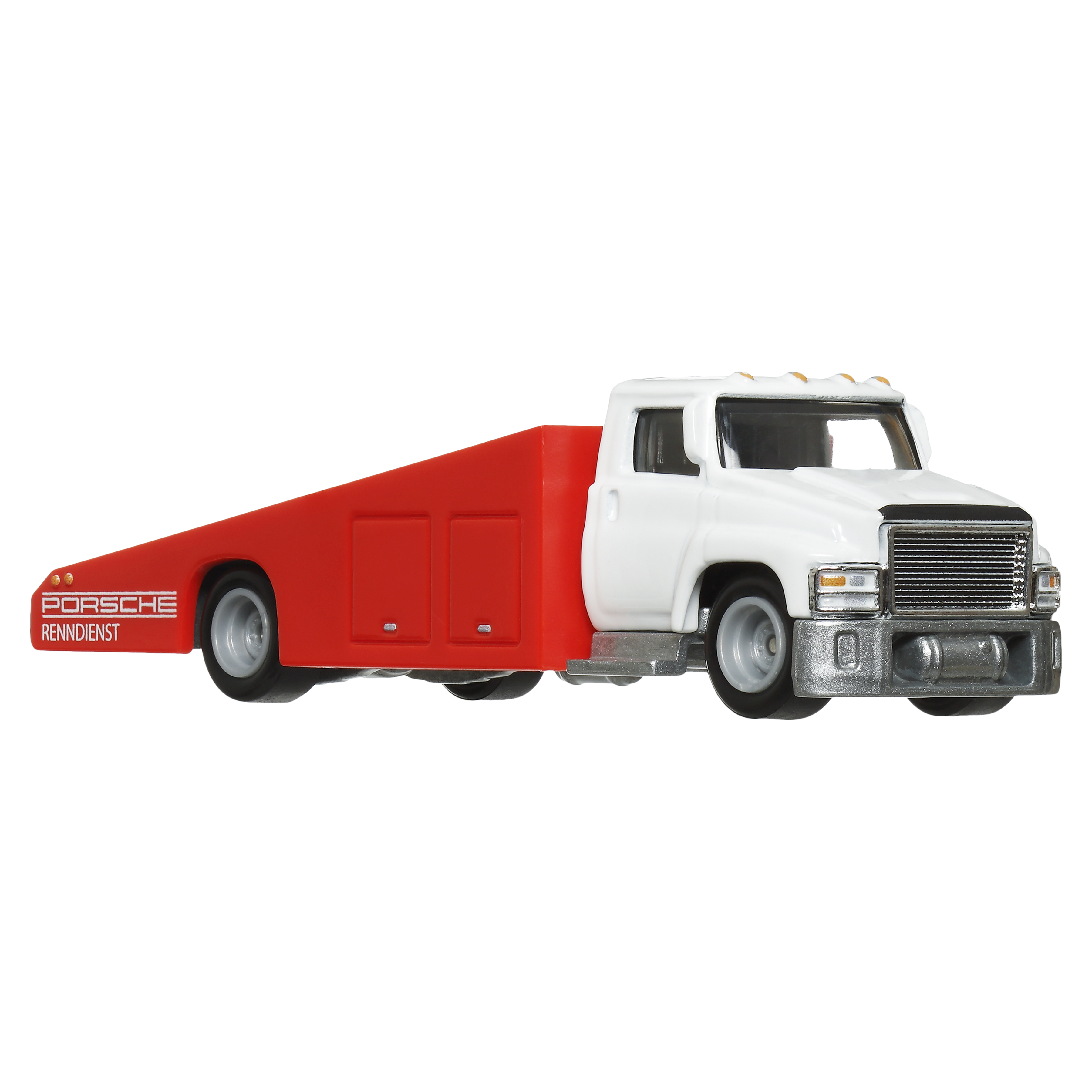 Ein weißer und roter Porsche RennDienst-Truck ohne Auto, Seitenansicht.