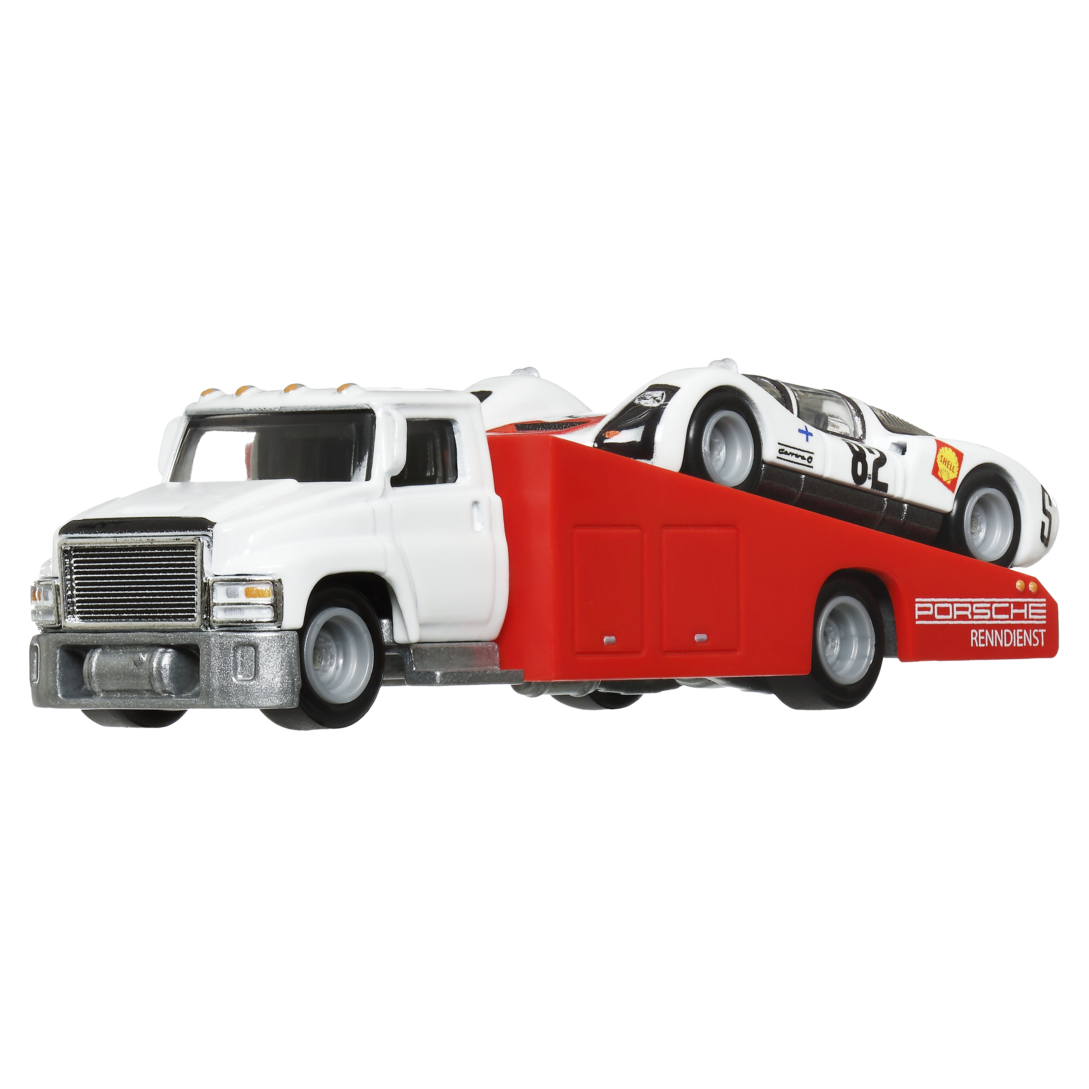 Ein weißer und roter Porsche RennDienst-Truck trägt einen weißen Sportwagen mit der Nummer 82.