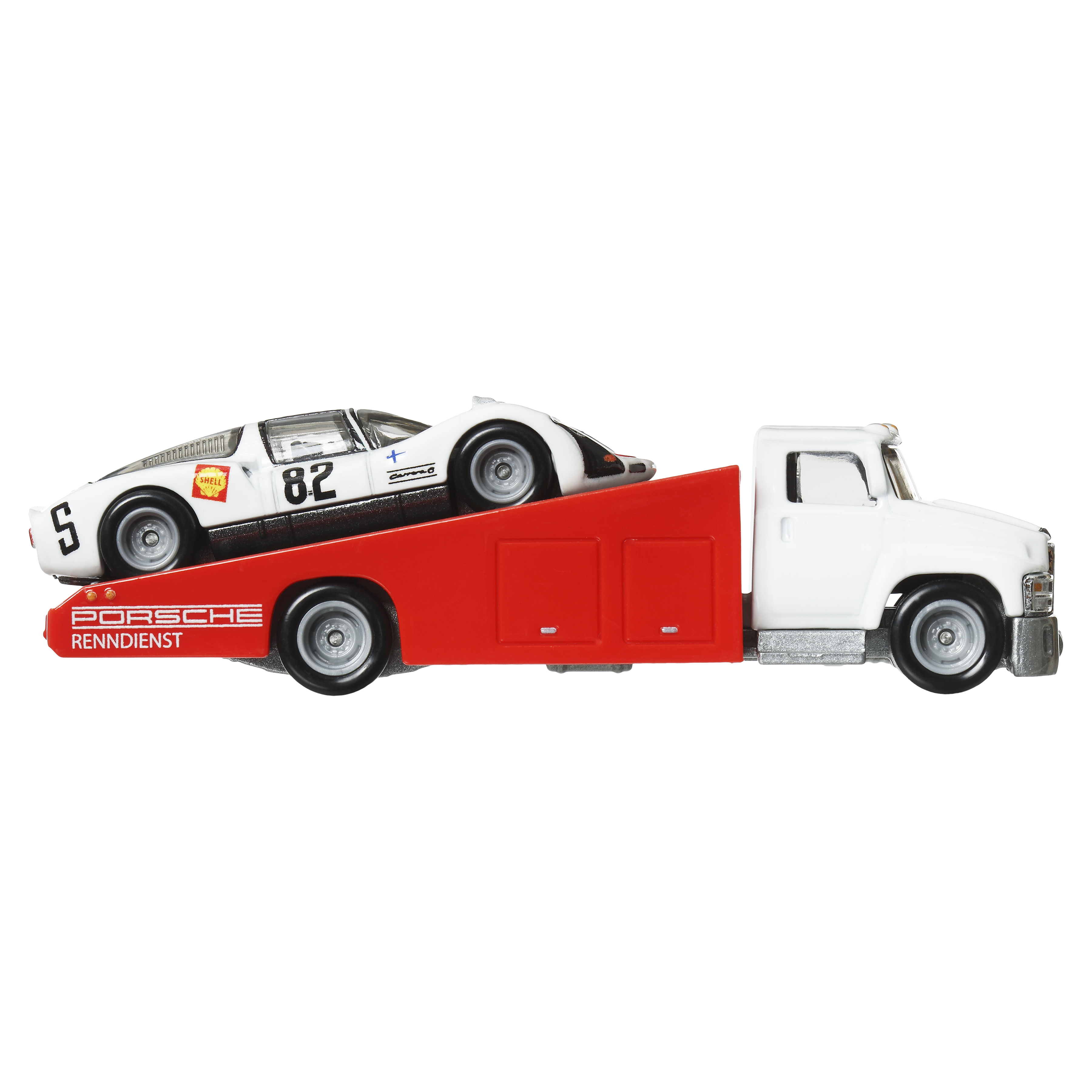 Ein weißer und roter Porsche RennDienst-Truck trägt einen weißen Sportwagen mit der Nummer 82.