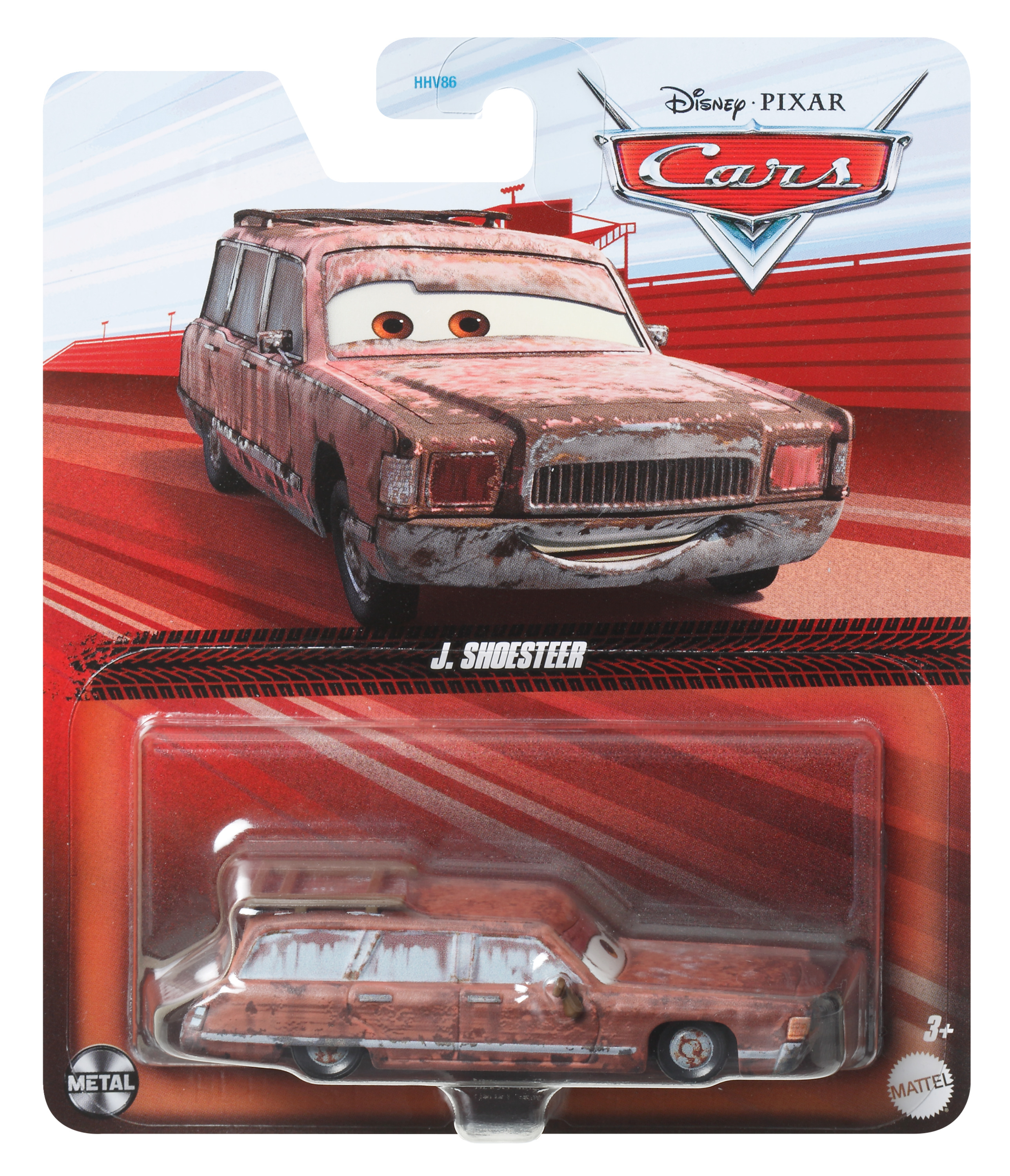 Disney Pixar Cars Spielzeugauto in Verpackung. Das Auto ist rostrot und hat ein lächelndes Gesicht.