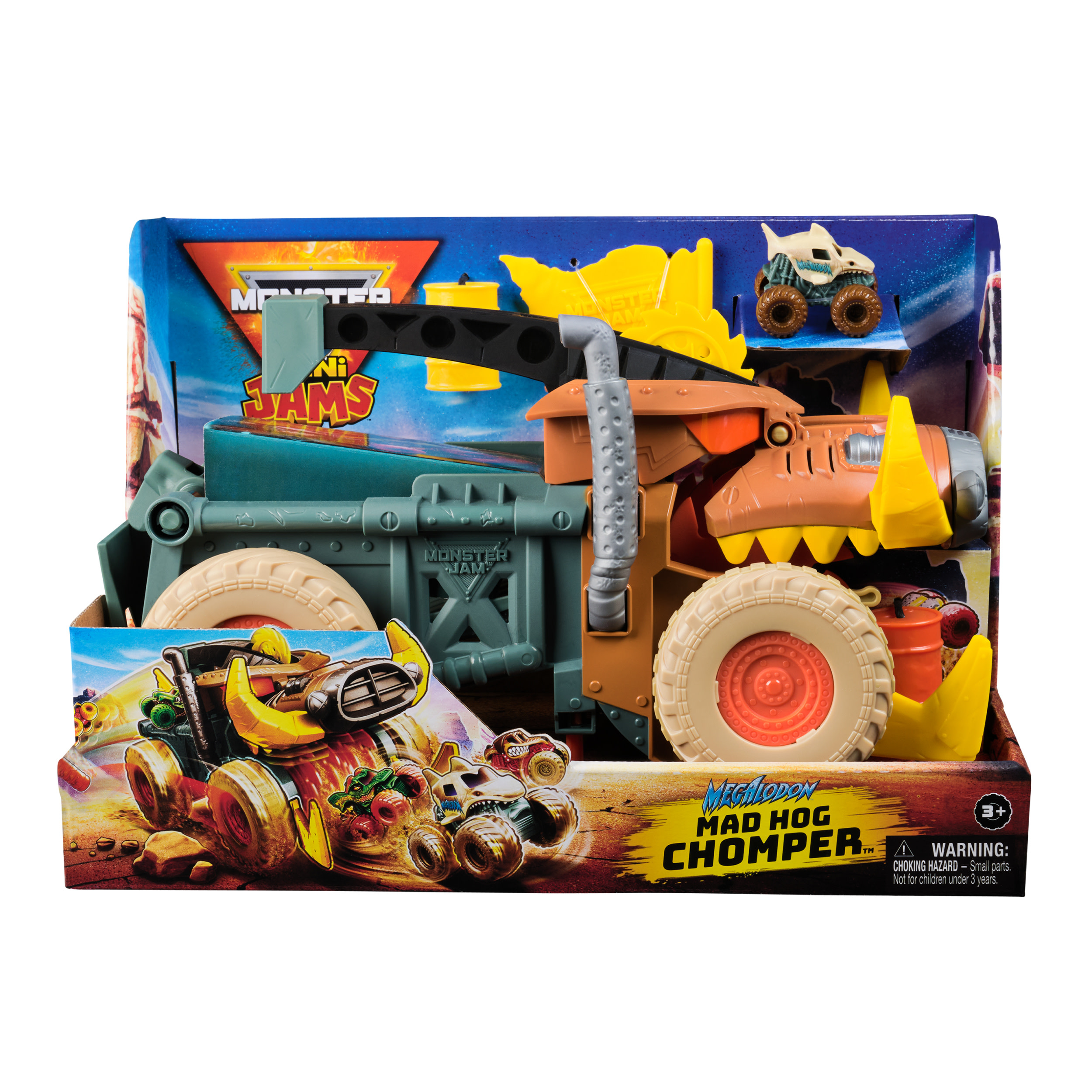 Zestaw zabawek Monster Jam w pudełku. Prezentowany jest Mad Hog Chomper i mniejsza ciężarówka.