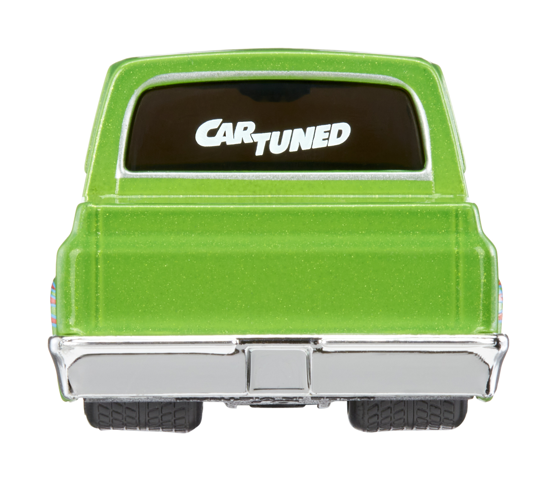 Una camioneta de juguete verde con calcomanías de llamas, detalles cromados y 'CAR TUNED' detrás.