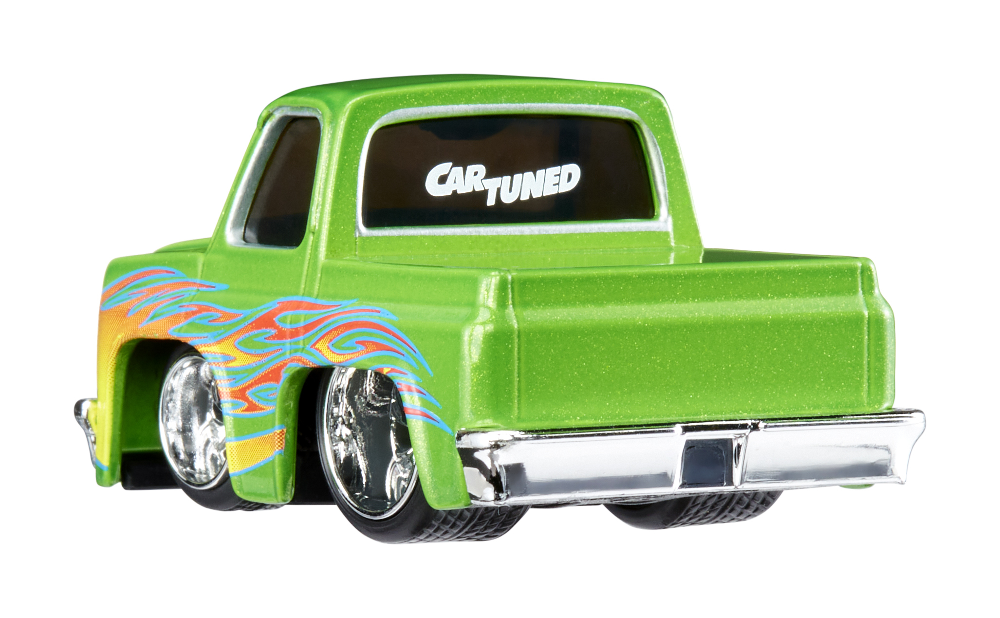 Una camioneta de juguete verde con calcomanías de llamas, parachoques cromado y texto 'CAR TUNED'.