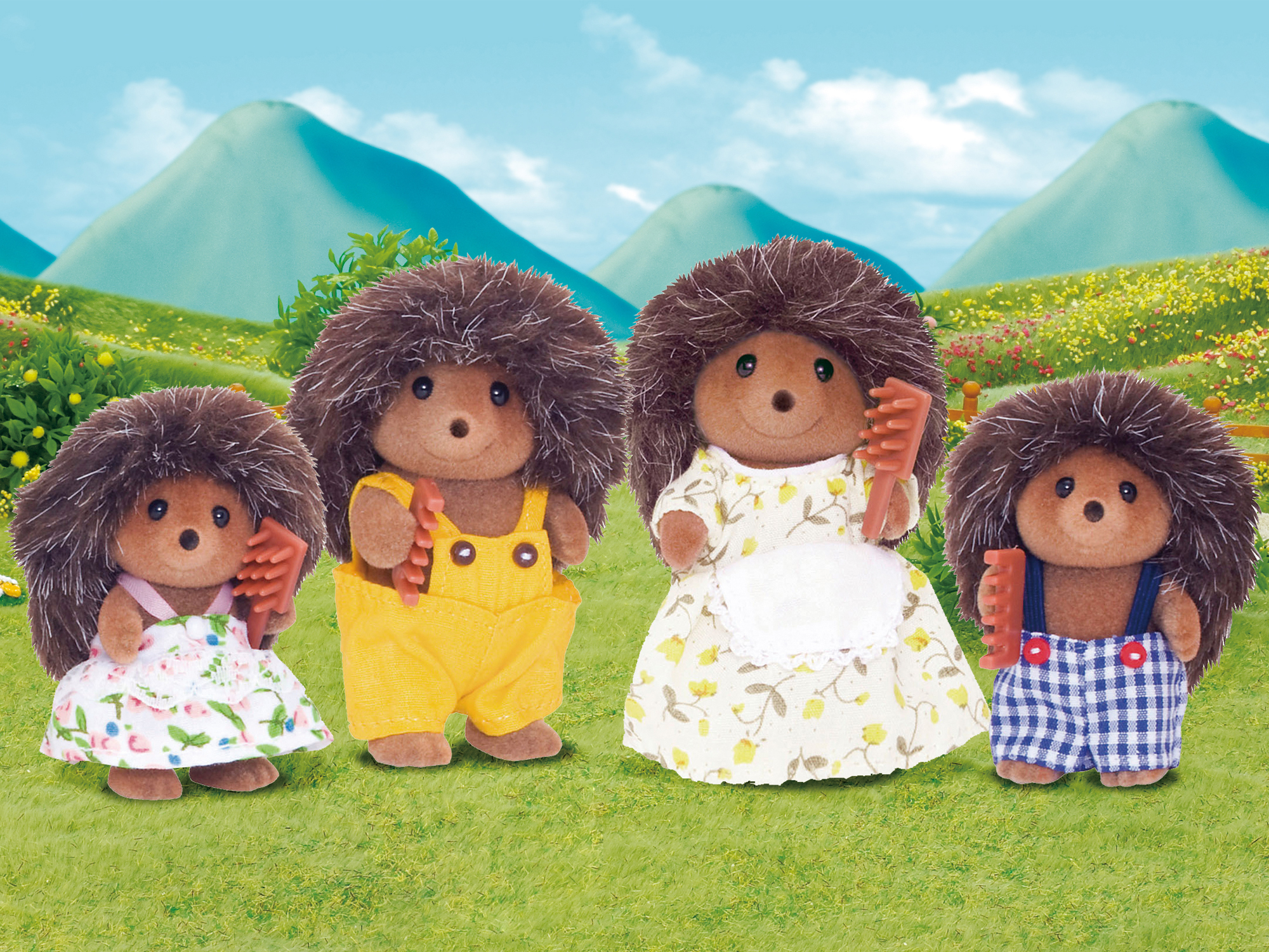 Cuatro figuras de erizos, vestidos con diferentes atuendos, de pie en un campo con montañas al fondo.