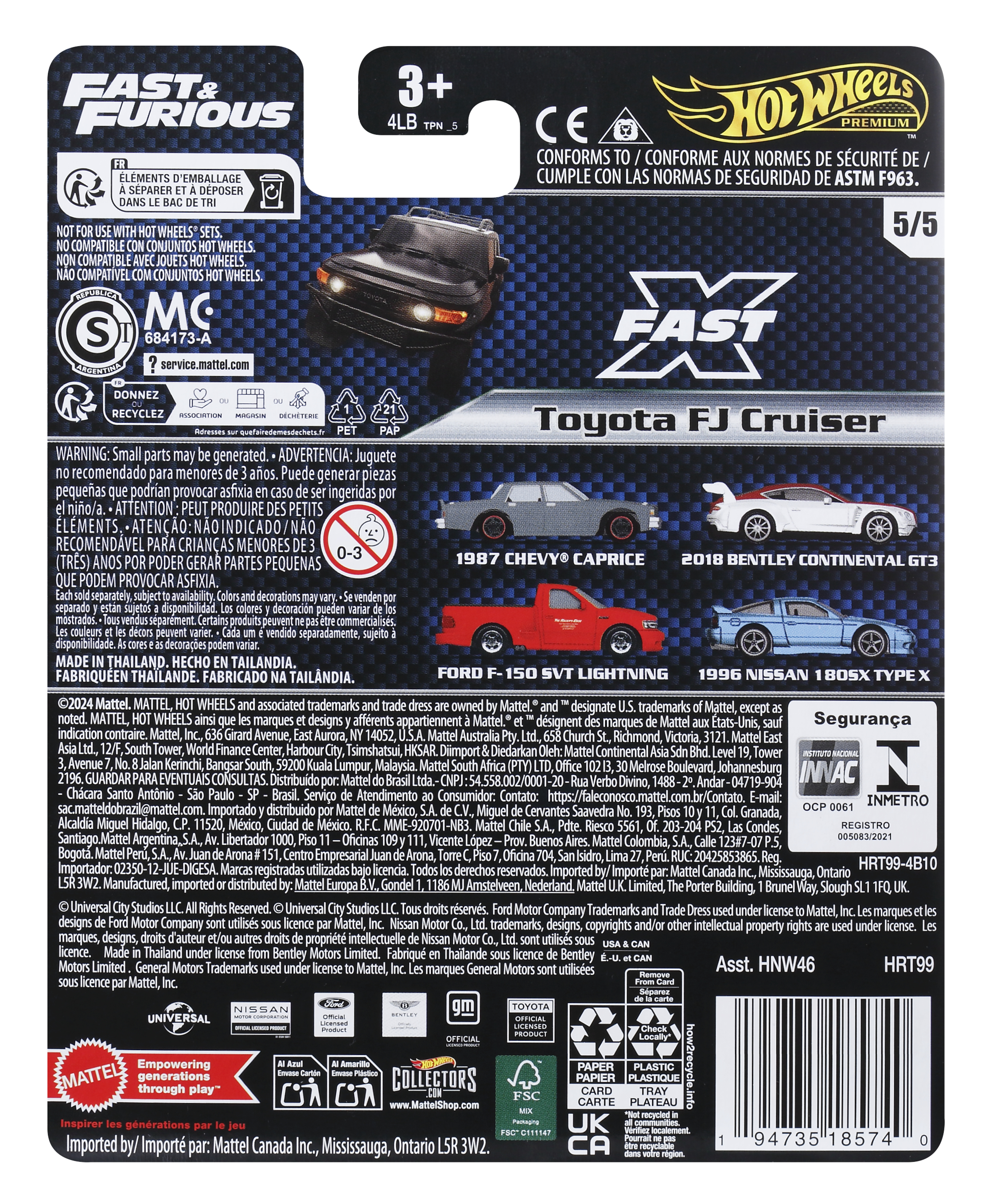 Opakowanie produktu prezentujące różne zabawki samochodowe, z tekstem i ostrzeżeniami dotyczącymi bezpieczeństwa na odwrocie.