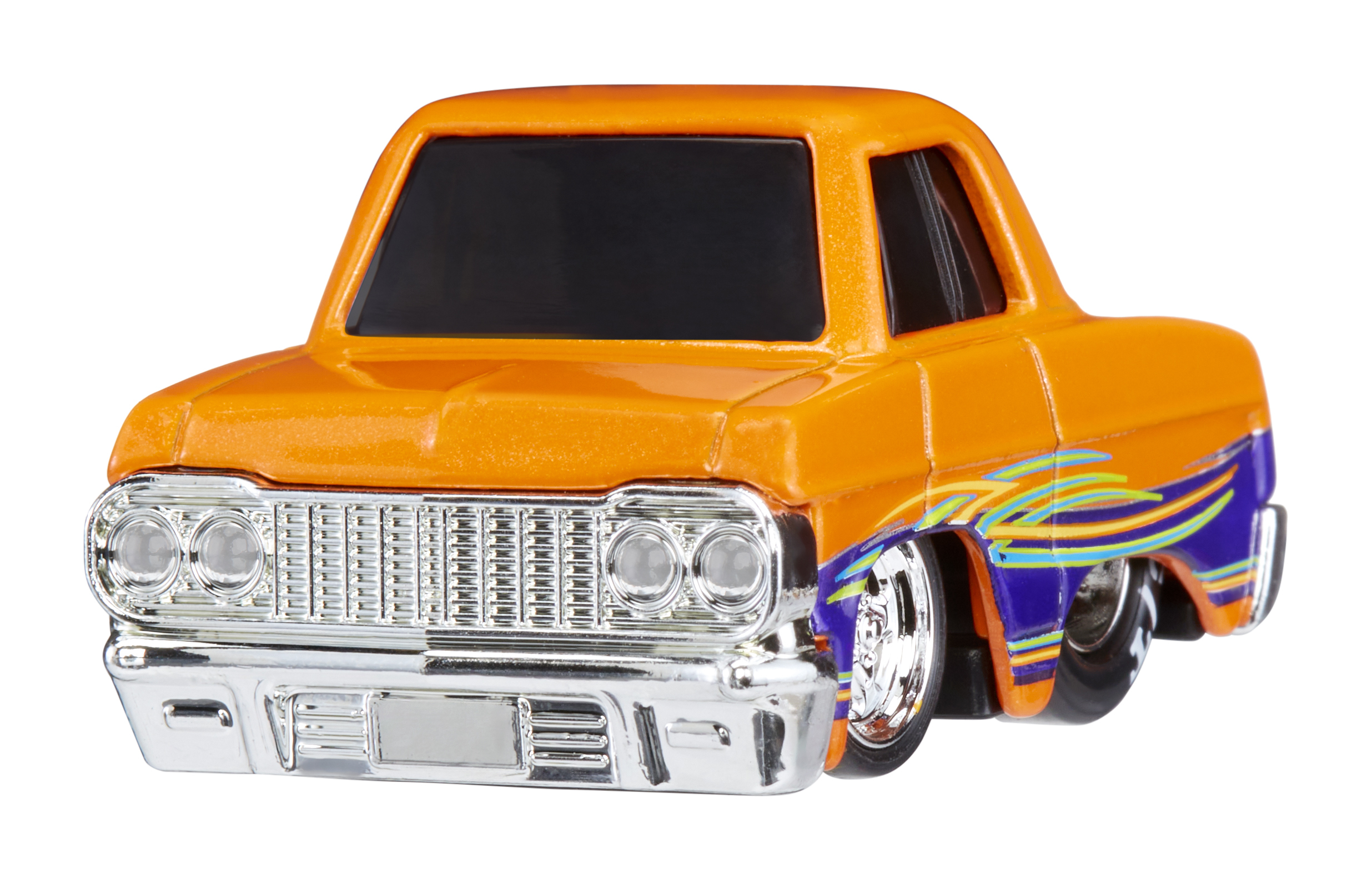 Vista frontal de un coche de juguete naranja con detalles cromados, diseño lateral azul y ventana trasera negra.