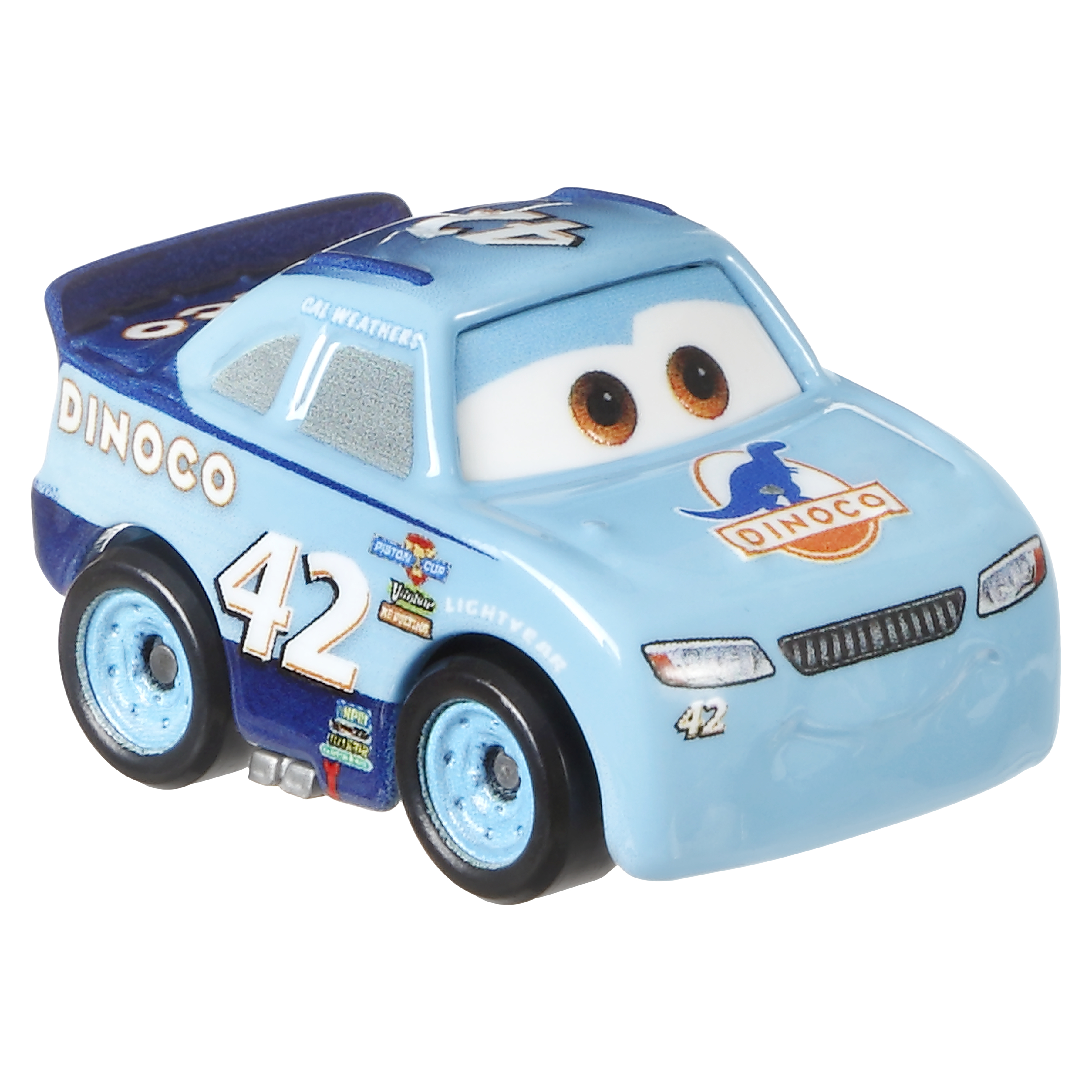 Ein blaues Spielzeug-Rennauto. Es hat die Nummer 42 auf der Seite. Es hat das Dinoco-Logo.