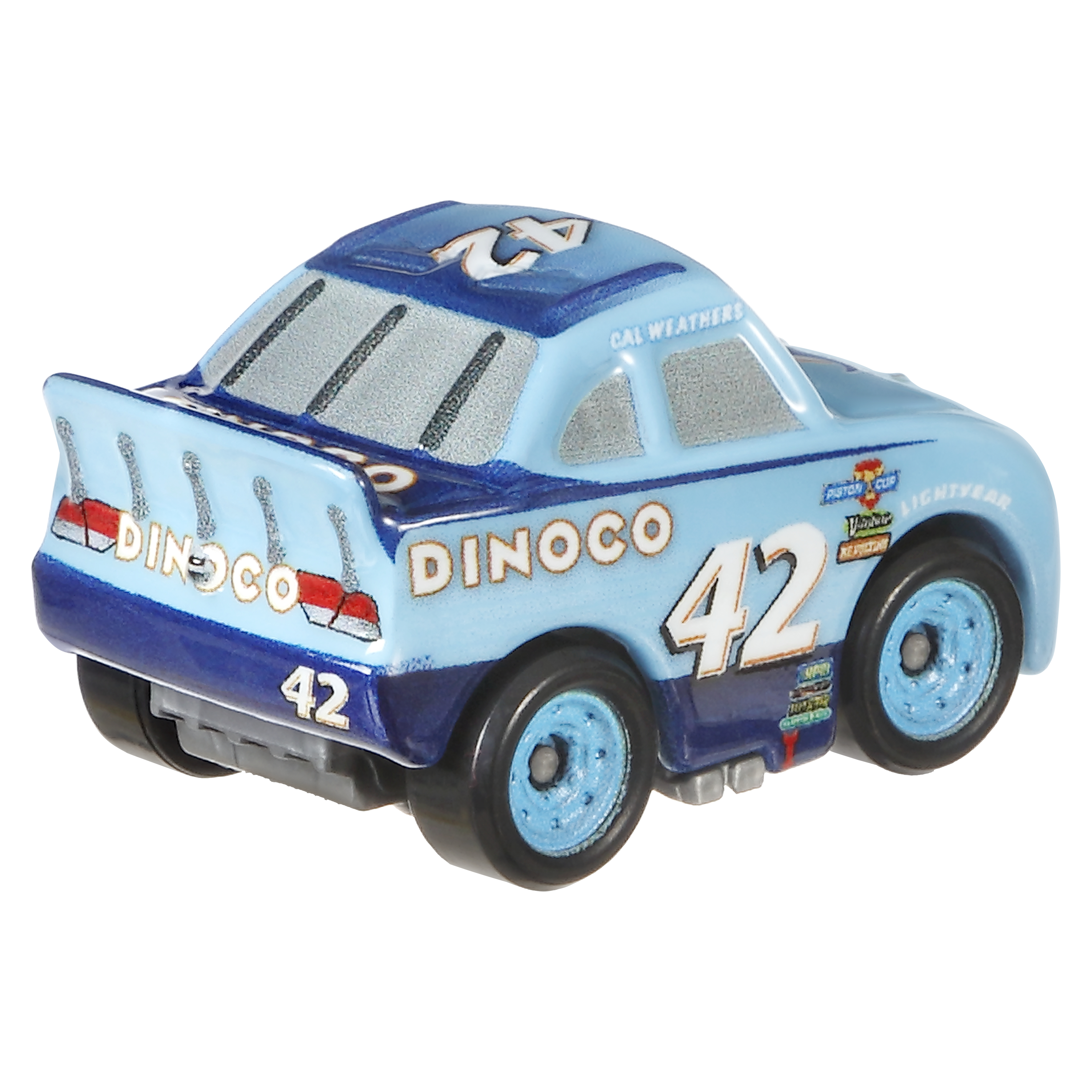 Ein blaues Spielzeug-Rennauto. Es hat die Nummer 42 auf der Seite. Das Dinoco-Logo ist auf der Seite.