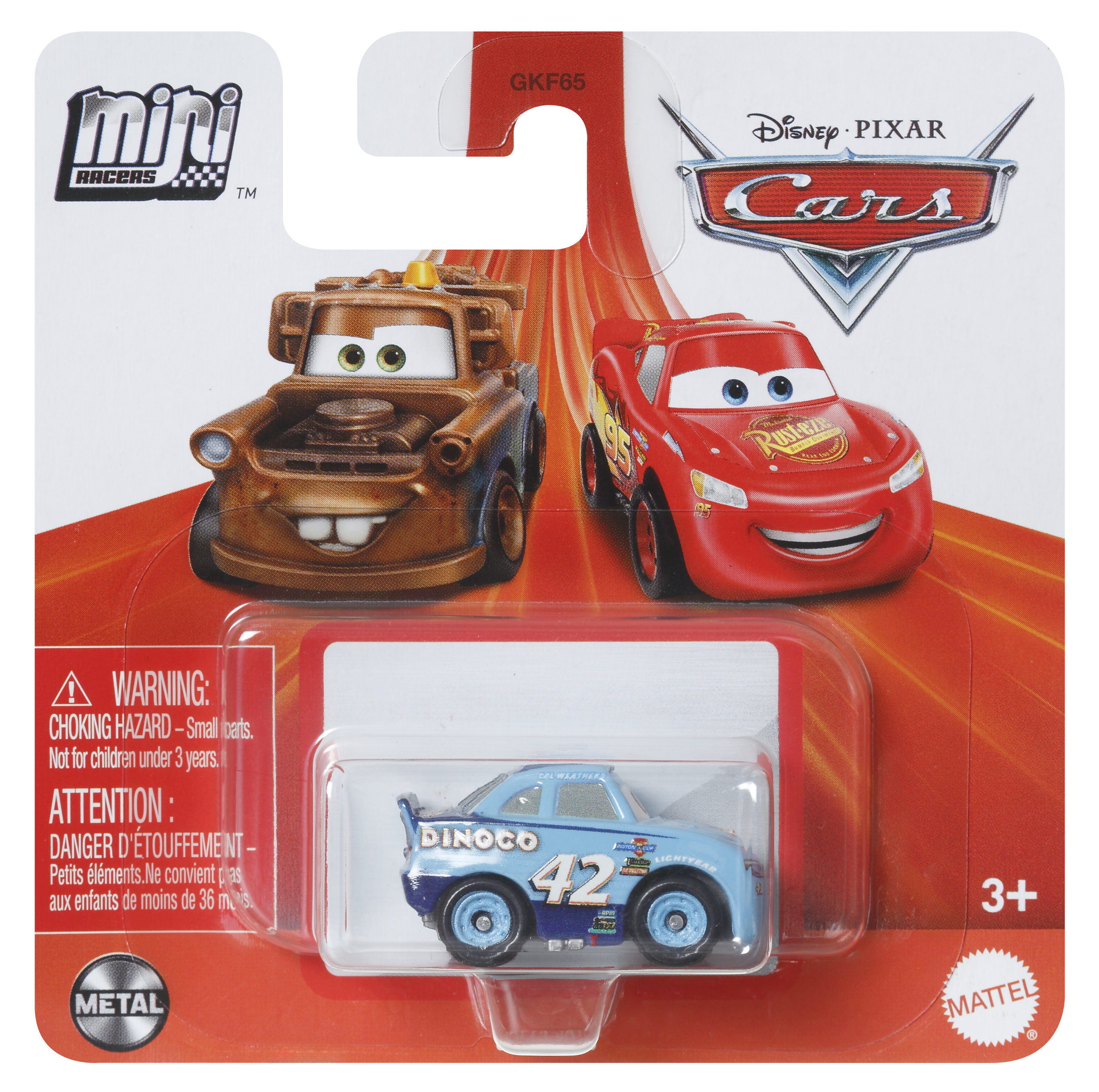 Cars Mini-Rennwagen: Mater, Lightning McQueen und Dinoco-Auto. Rote, braune und blaue Farben auf einer Blisterverpackung.
