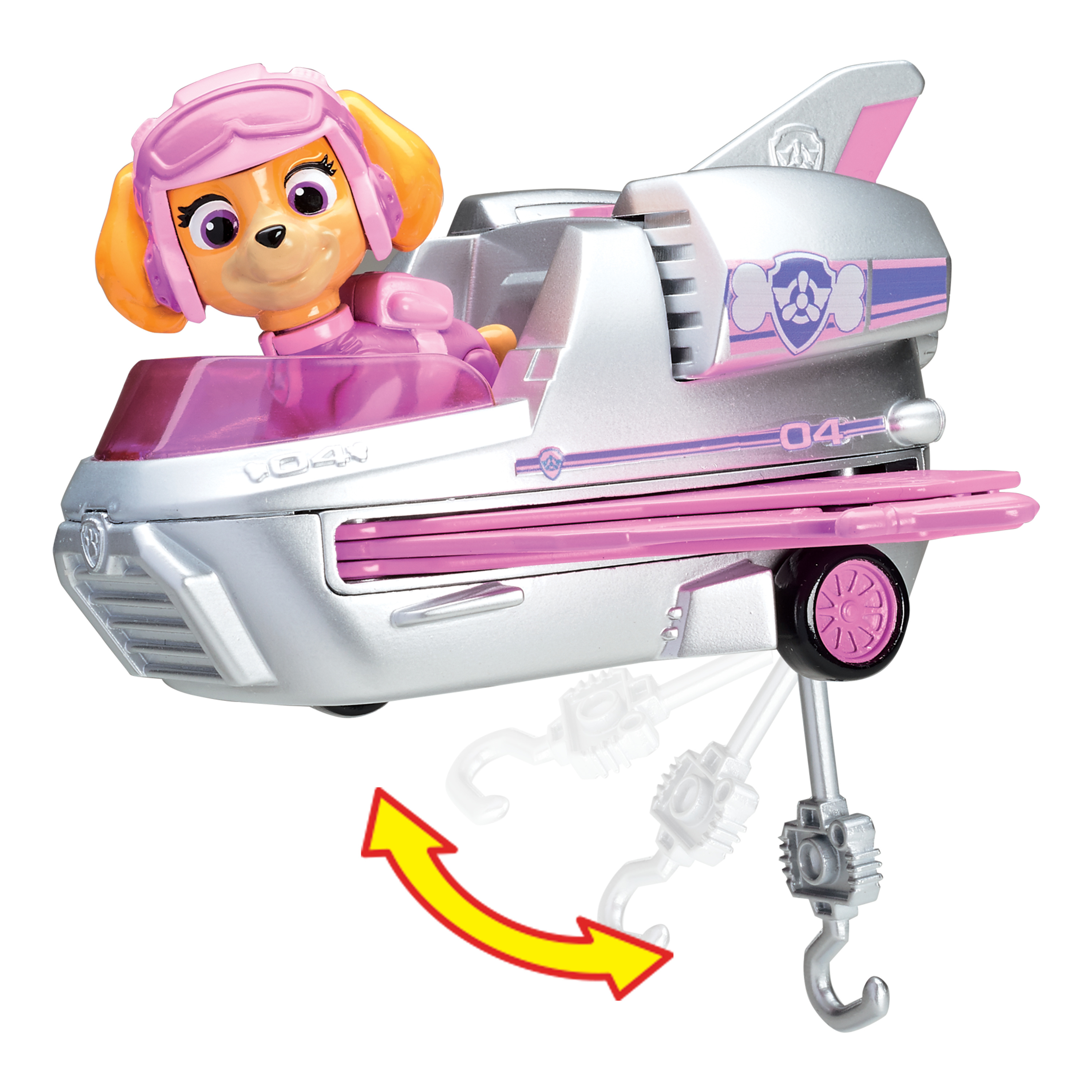 Ein Paw Patrol Spielzeug mit Skye in einem Fahrzeug mit Haken, neben einem gelben Pfeil.