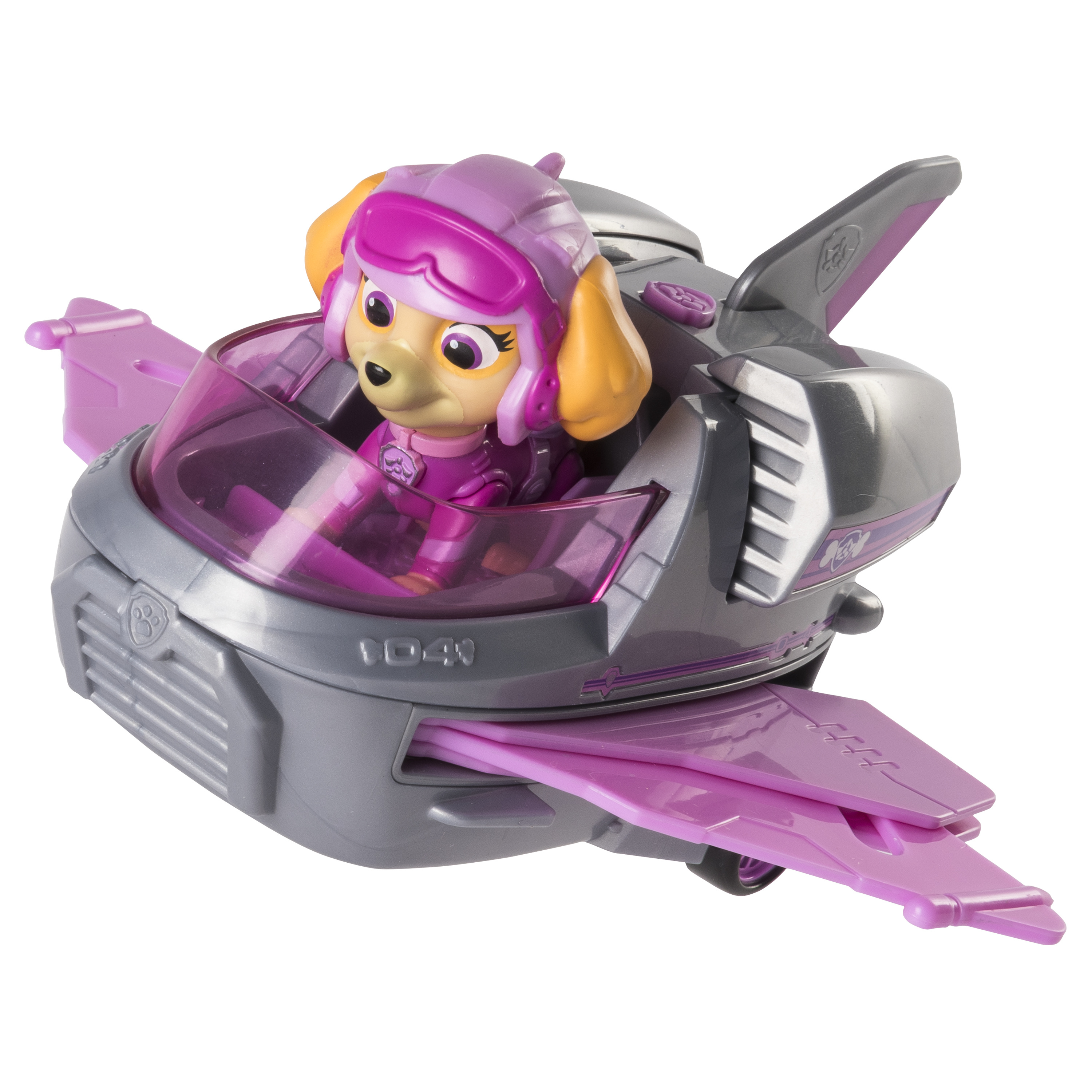 Skyes Spielzeugflugzeug. Es ist grau und rosa. Skye sitzt im Cockpit. Weißer Hintergrund.