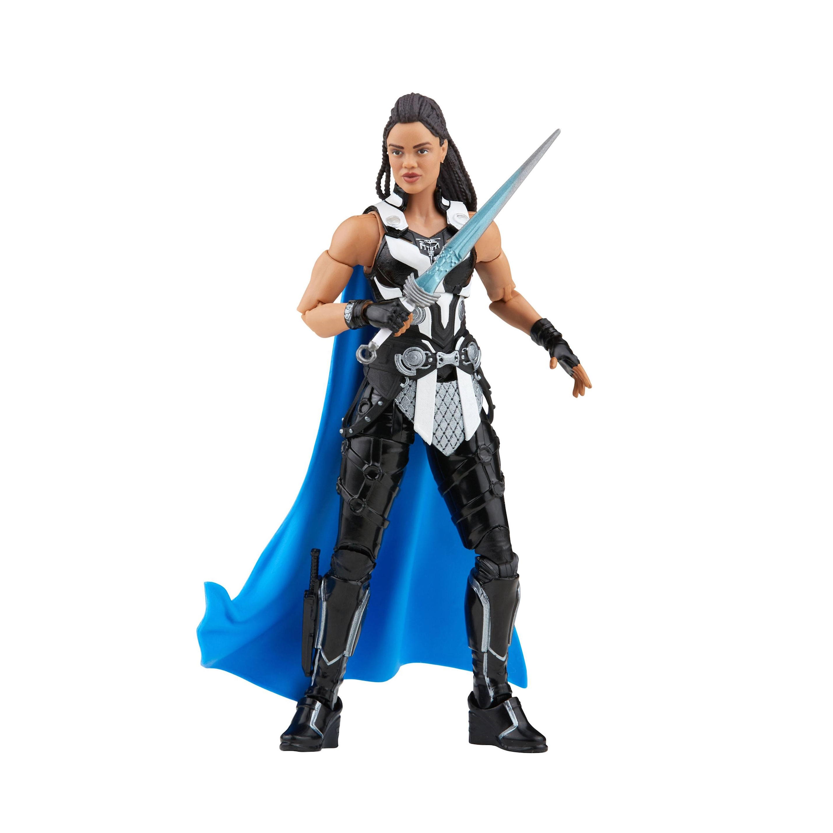 Un'action figure di Valkyrie in posa dinamica, con una spada dalla lama blu e un mantello.