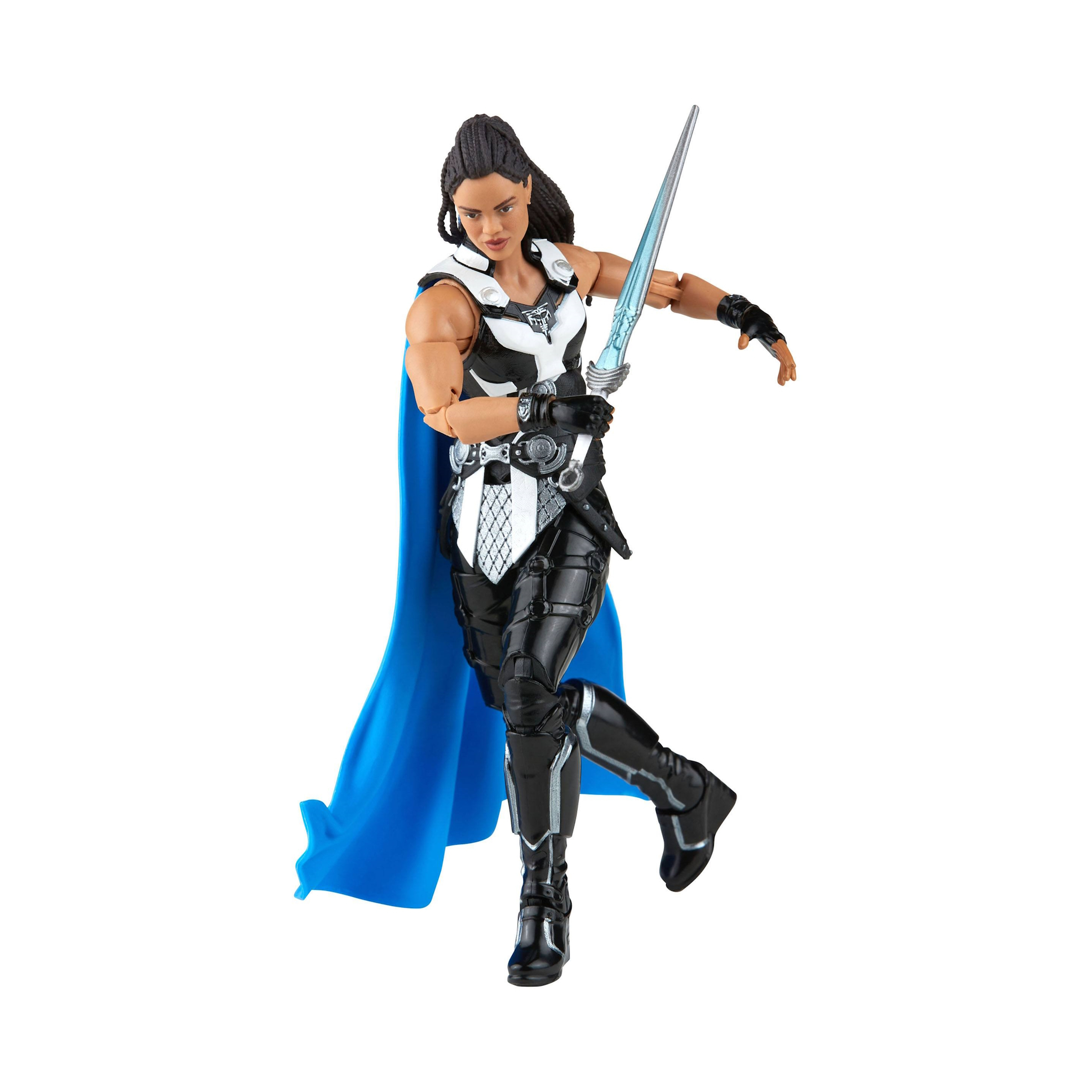 Un'action figure di Valkyrie con una spada e un mantello blu, in posa dinamica, che guarda a sinistra.