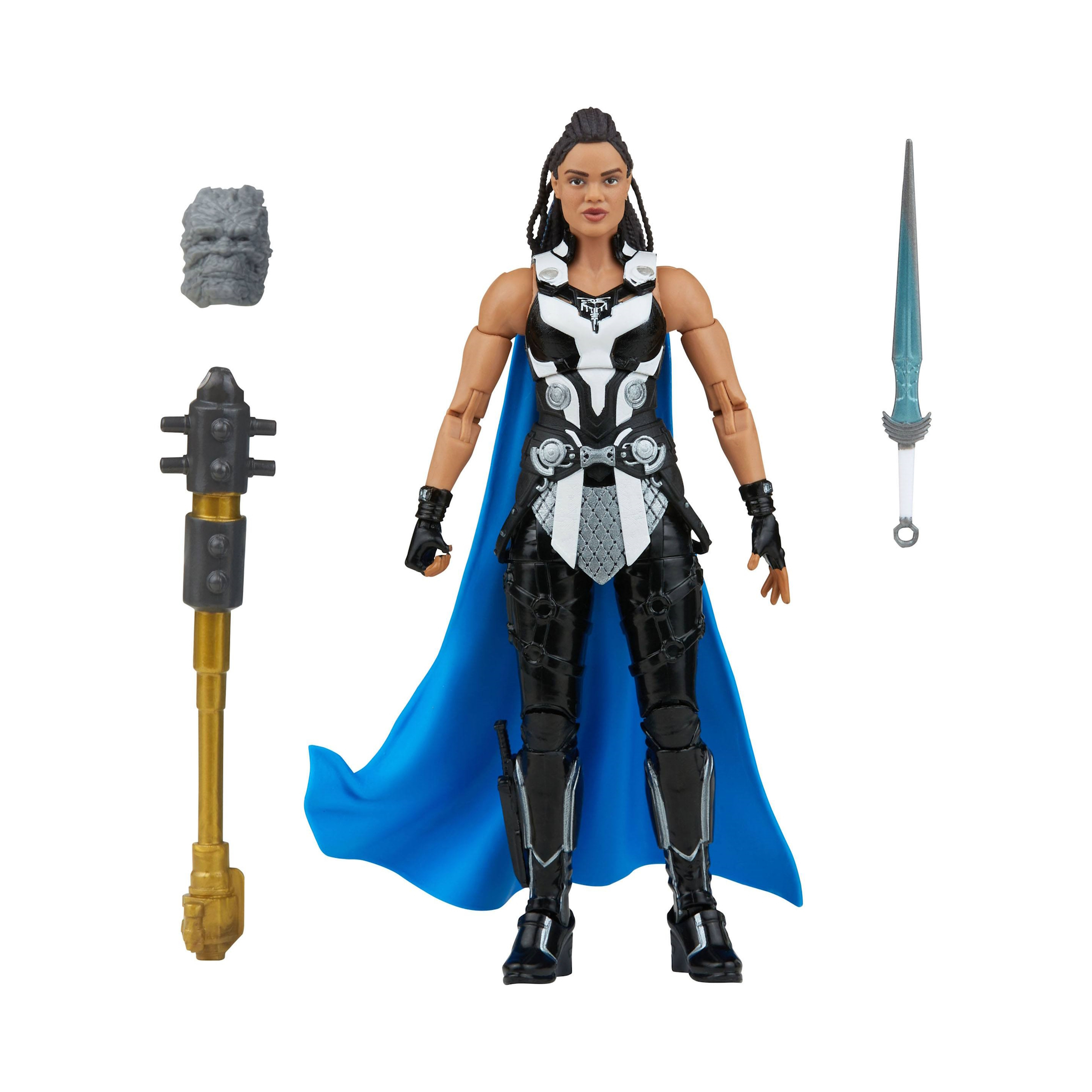 Action figure di King Valkyrie con accessori: martello, spada e testa.