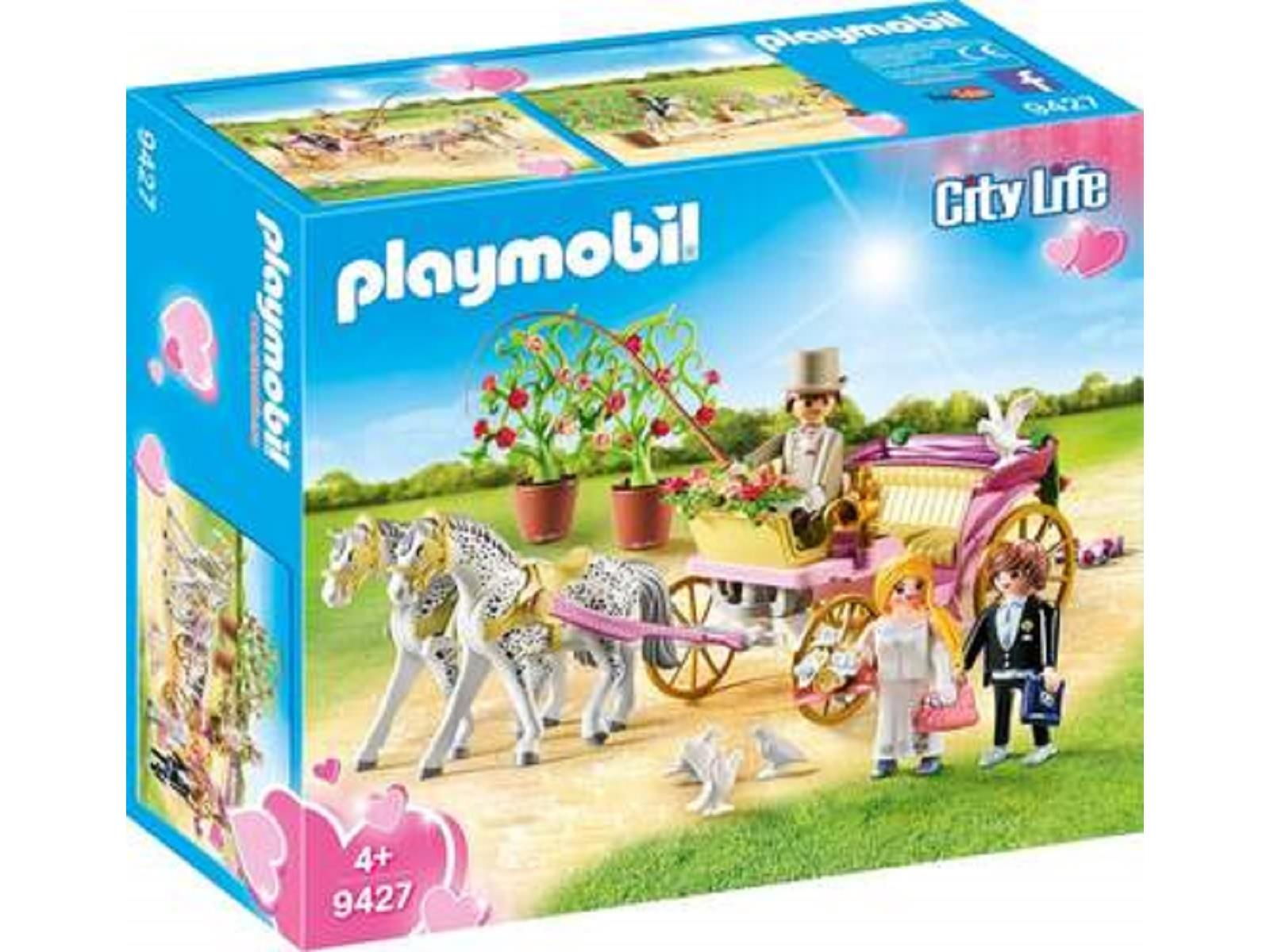 Playmobil-Set-Box. Zeigt eine Pferdekutsche, Braut, Bräutigam und andere Figuren. Pinke Akzente.