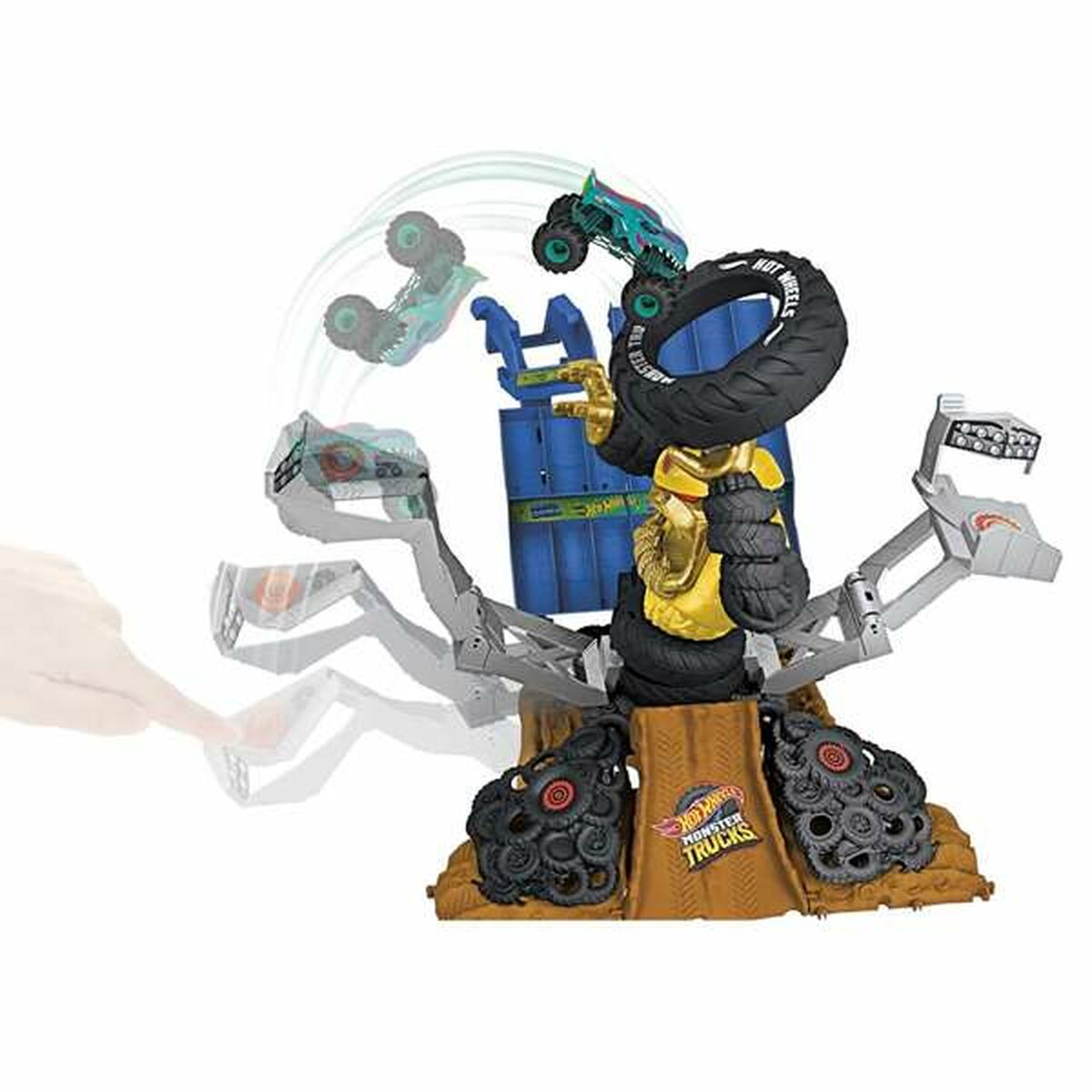 Hot Wheels Monster Trucks speelset met een monstertruck, band en een lanceermechanisme.