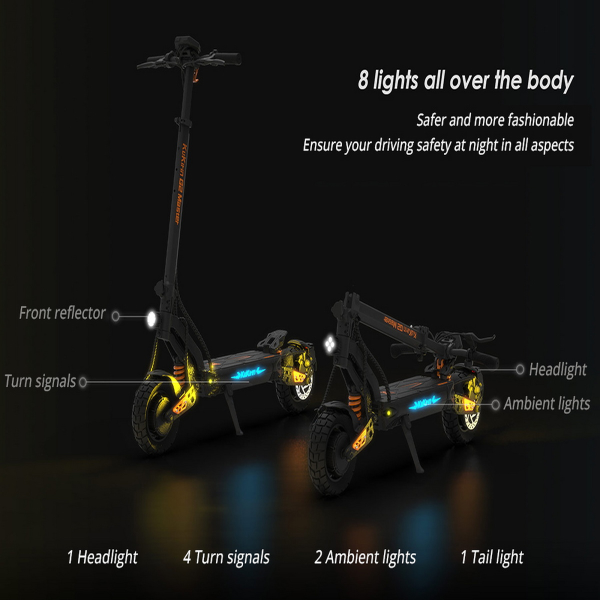 Dwie czarne hulajnogi ze światłami. Tekst wskazuje światła na hulajnogach.