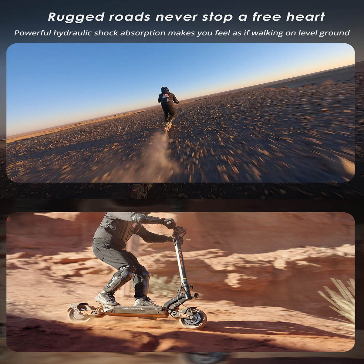 Dwa zdjęcia osoby jadącej czarną hulajnogą KuKirin G2 Master.