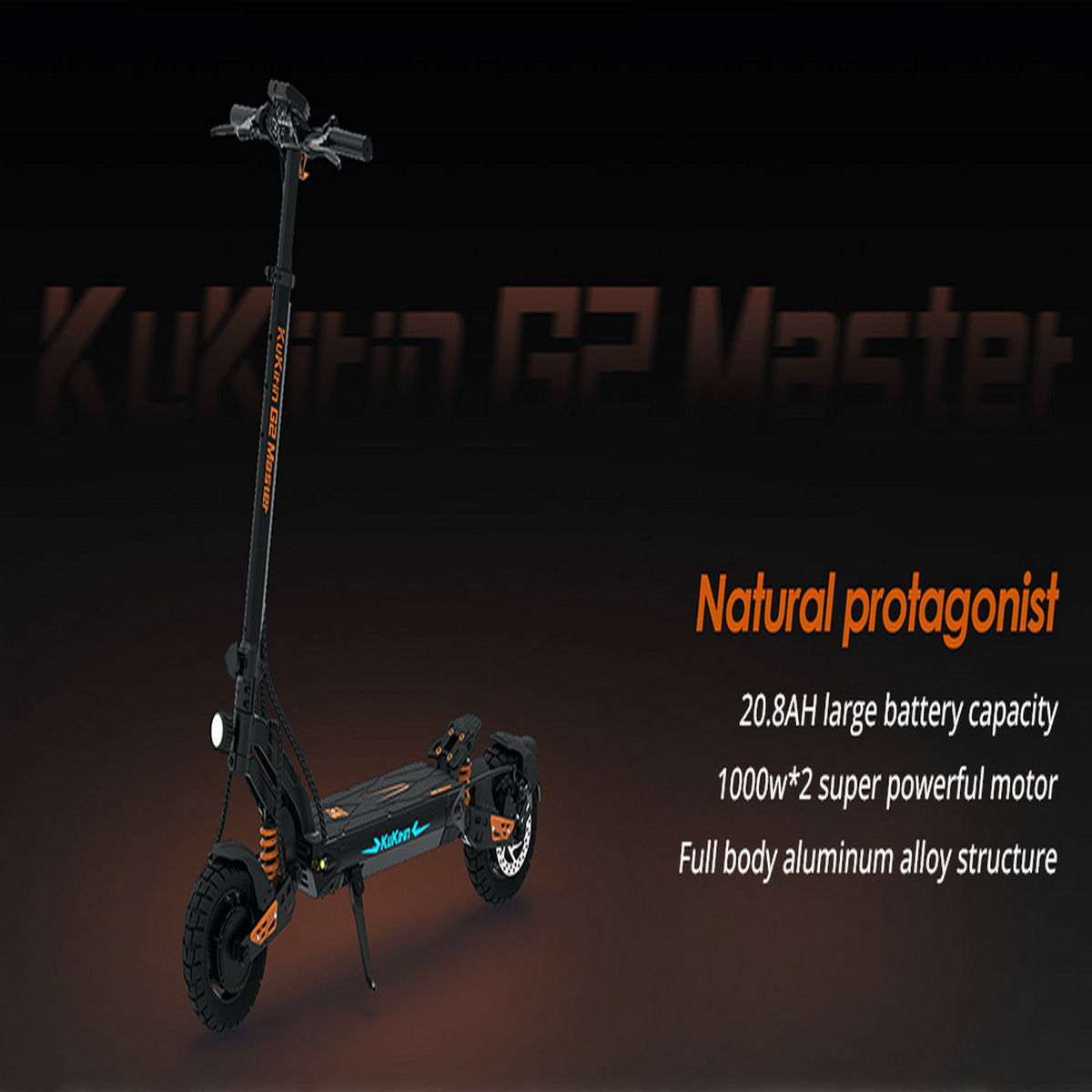 Czarna hulajnoga elektryczna KuKirin G2 Master z tekstem o jej funkcjach.