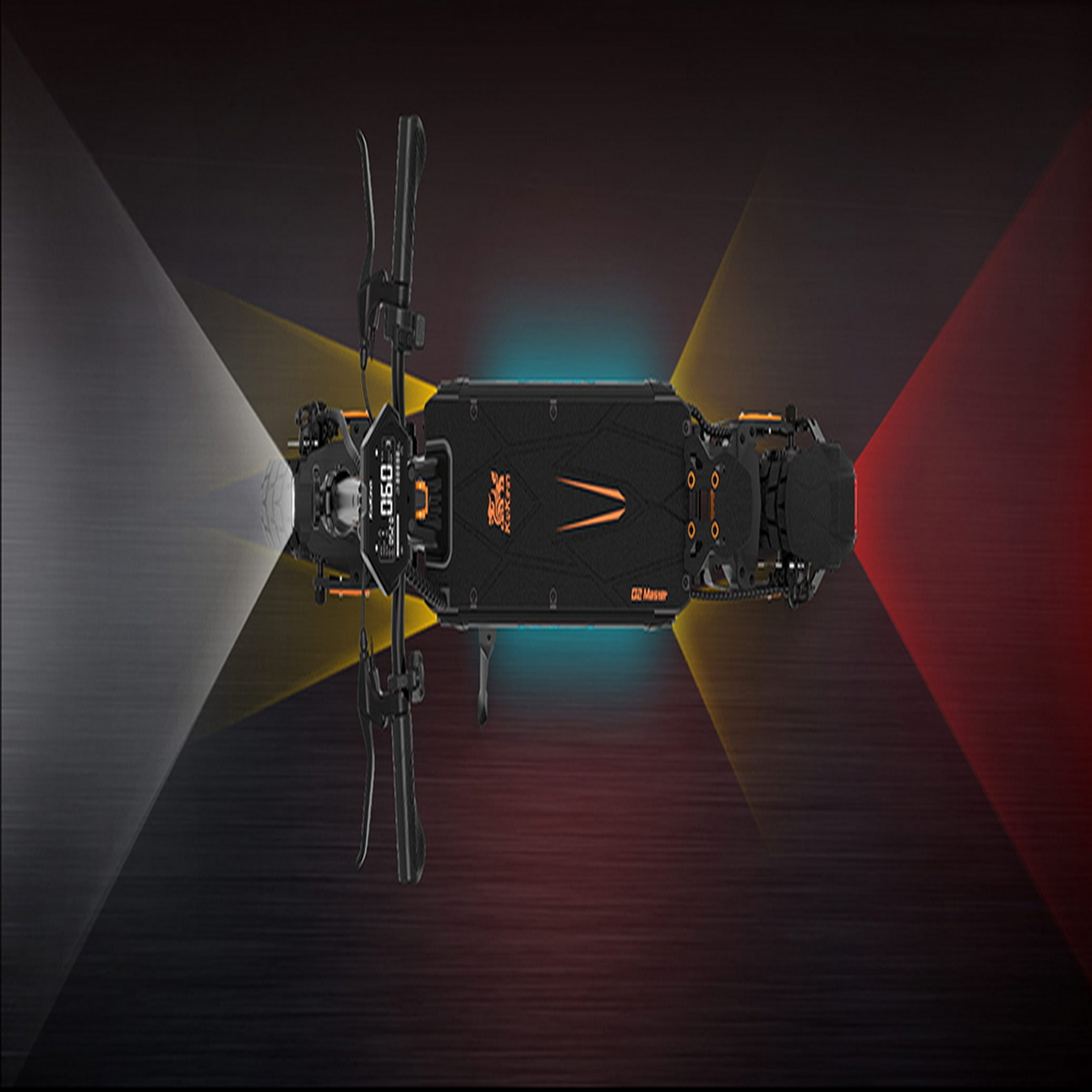 Hulajnoga elektryczna z góry ze światłami, pokazująca światła przednie i tylne oraz design.