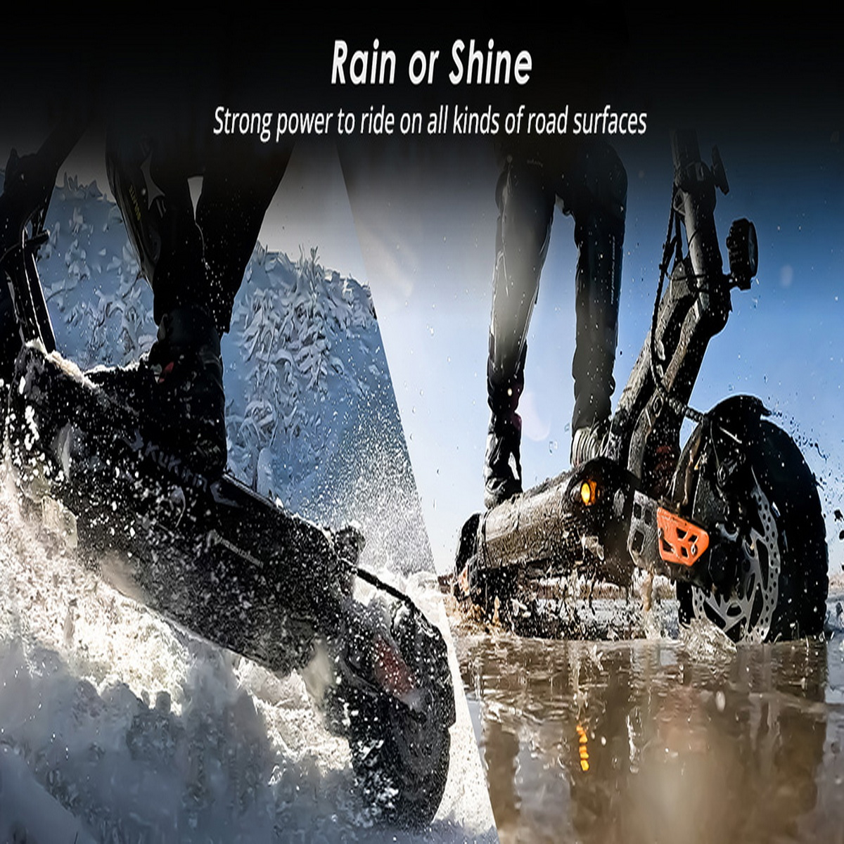 E-skuter jeździ po śniegu i wodzie. Obraz pokazuje dwie sceny, demonstrując wszechstronność skutera.