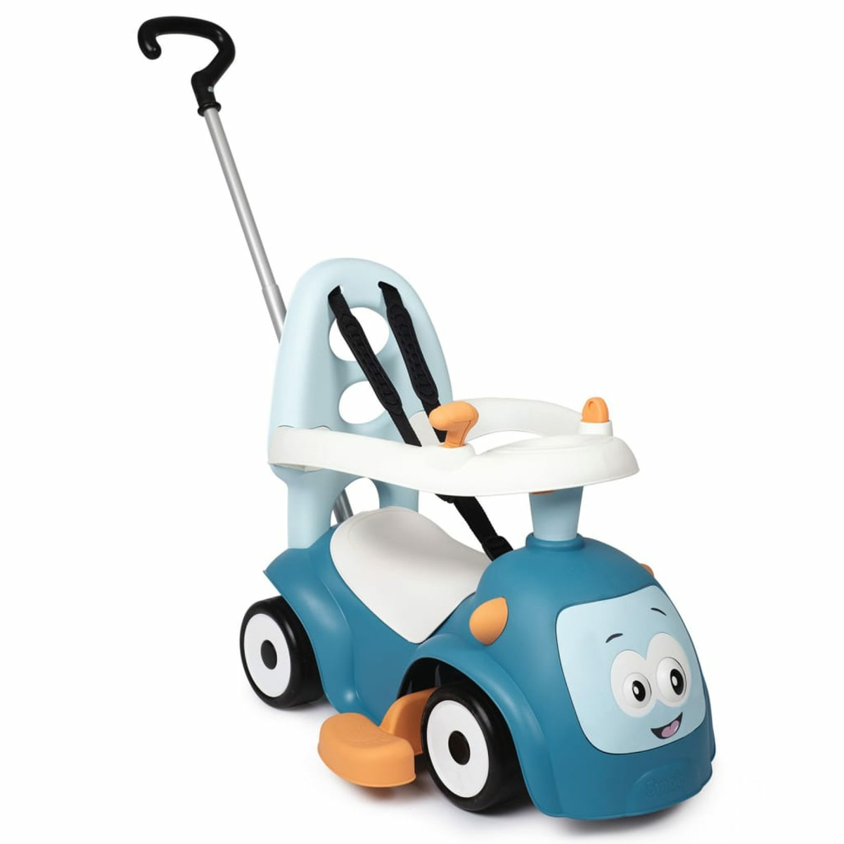 Un'auto giocattolo blu con una maniglia. Ha un sedile, un volante e quattro ruote.