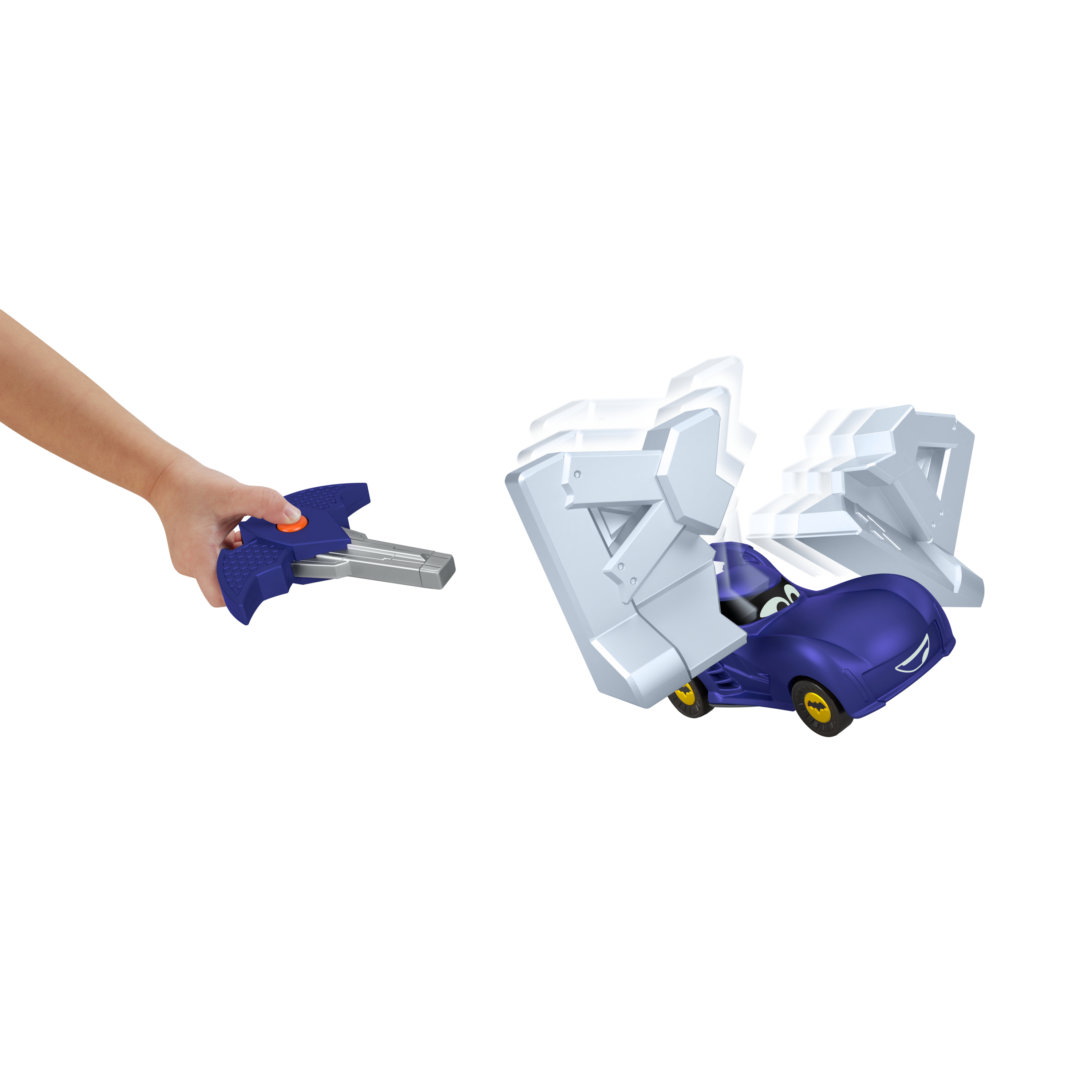 Zabawkowe auto z niebieskim nadwoziem i białym akcesorium otwieranym przez dłoń, na niebieskim tle.