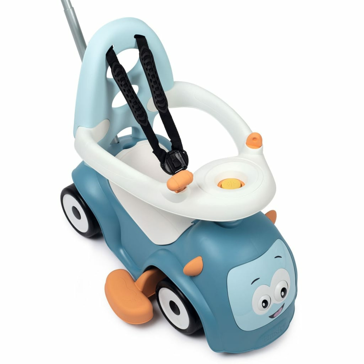 Auto giocattolo blu e bianca con maniglia e sedile. L'auto ha una faccia arancione con un'espressione sorridente.