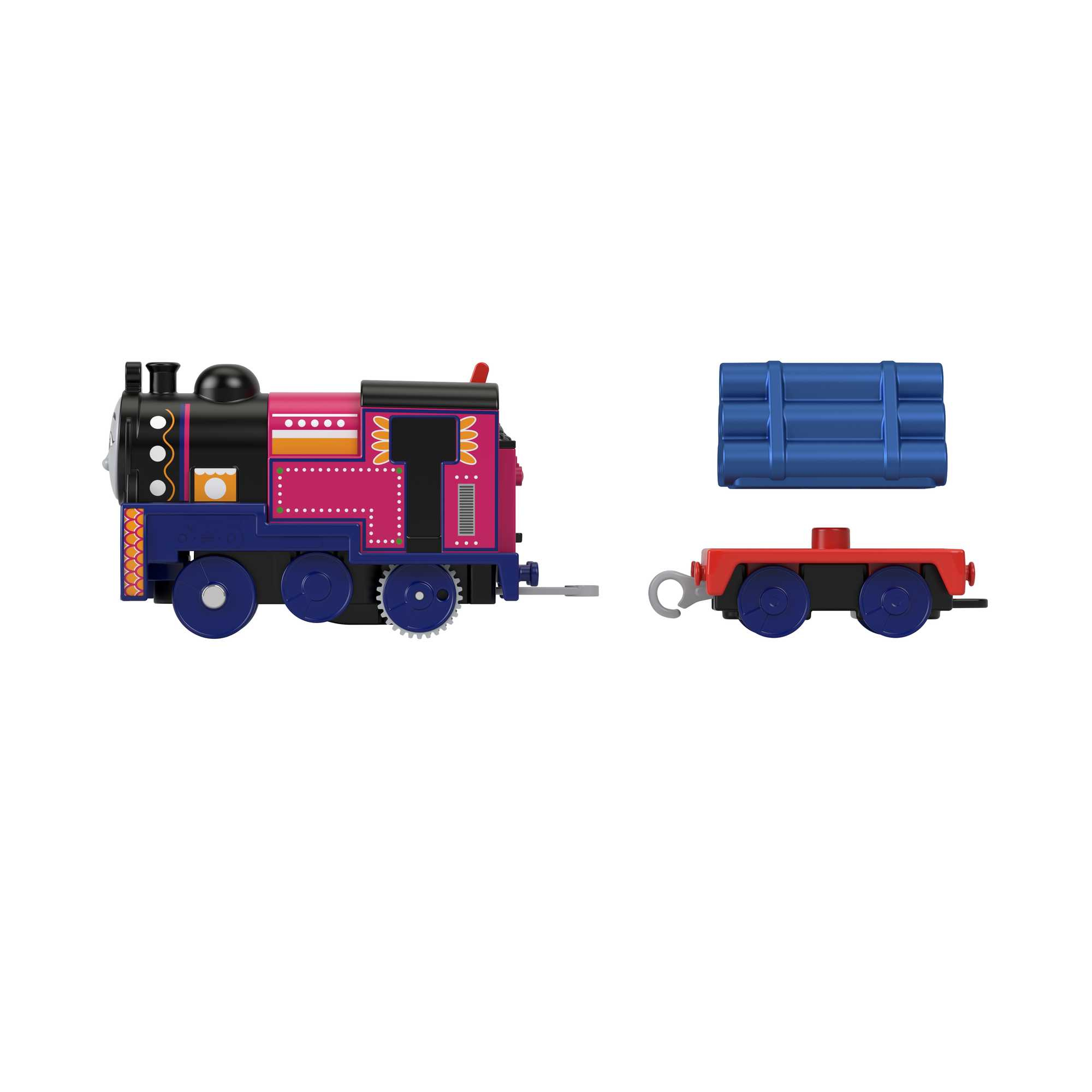 Eine Spielzeugeisenbahn und ein Pritschenwagen mit blauen Blöcken. Der Zug ist rosa, schwarz und lila. Der Hintergrund ist weiß.
