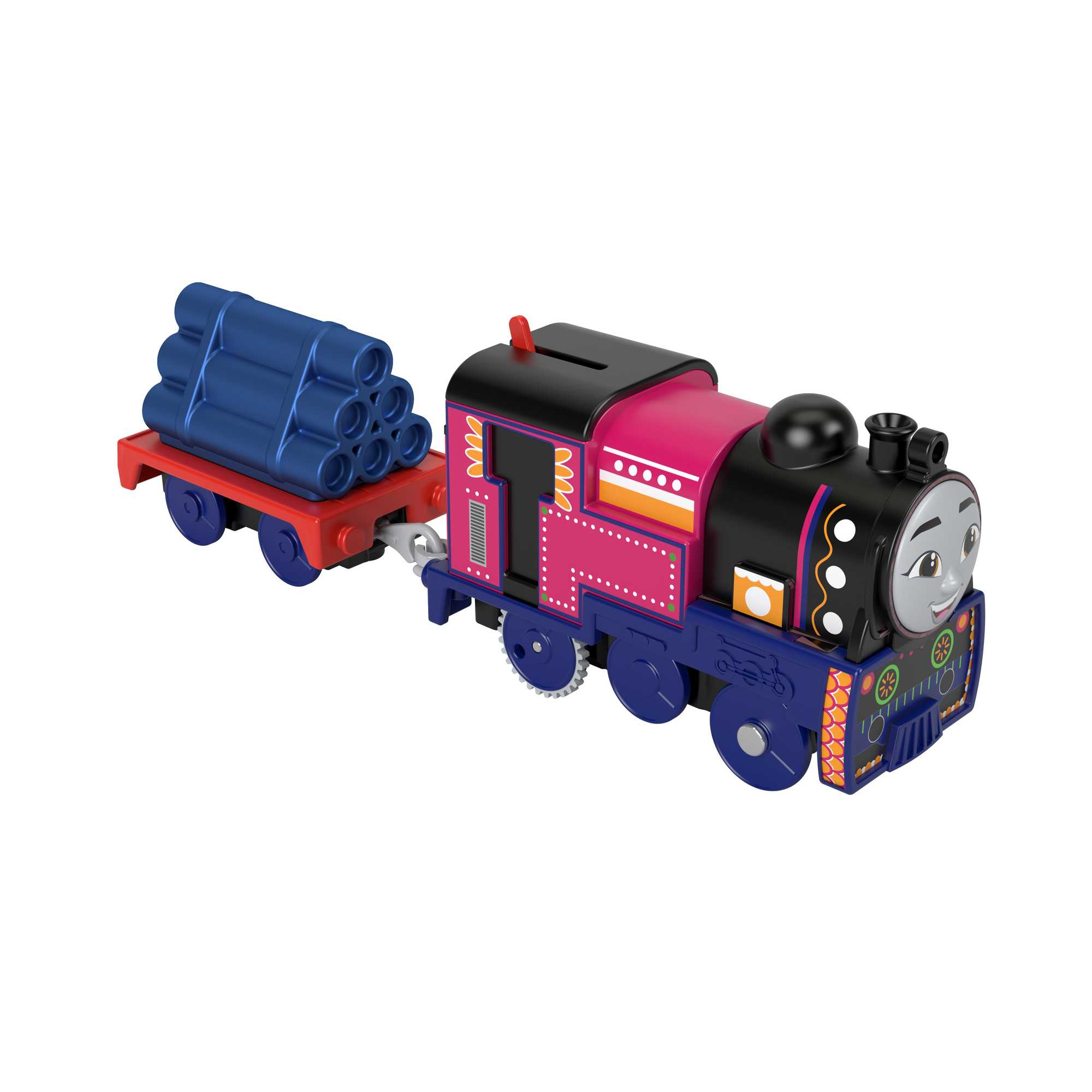 Thomas & Friends Spielzeugzug. Der Zug ist rosa, schwarz und blau und zieht einen Wagen mit blauen Baumstämmen.