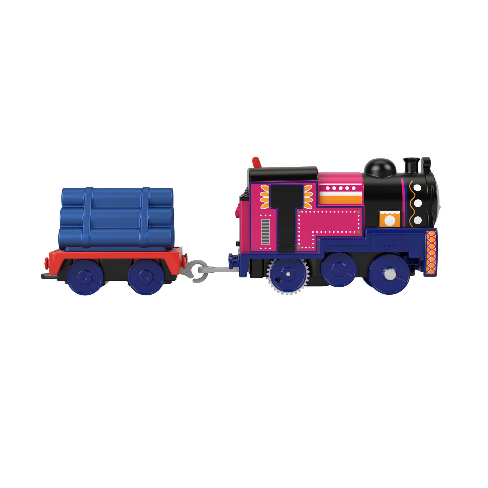 Thomas & Friends Ashima-Zugspielzeug mit Ladung, rosa und schwarz, blaue Räder, verbunden mit einem blauen Waggon.