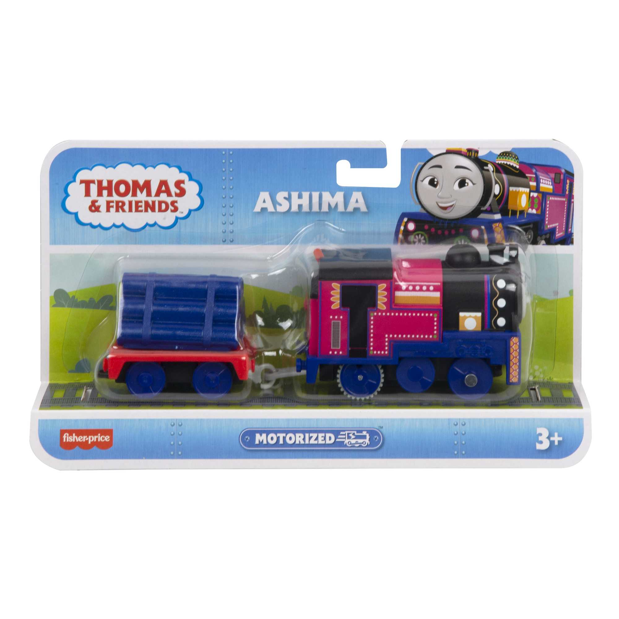 Thomas & Friends Ashima-Zugspielzeug, rosa und schwarz mit blauen Rädern, auf einer Kunststoffrückseite.