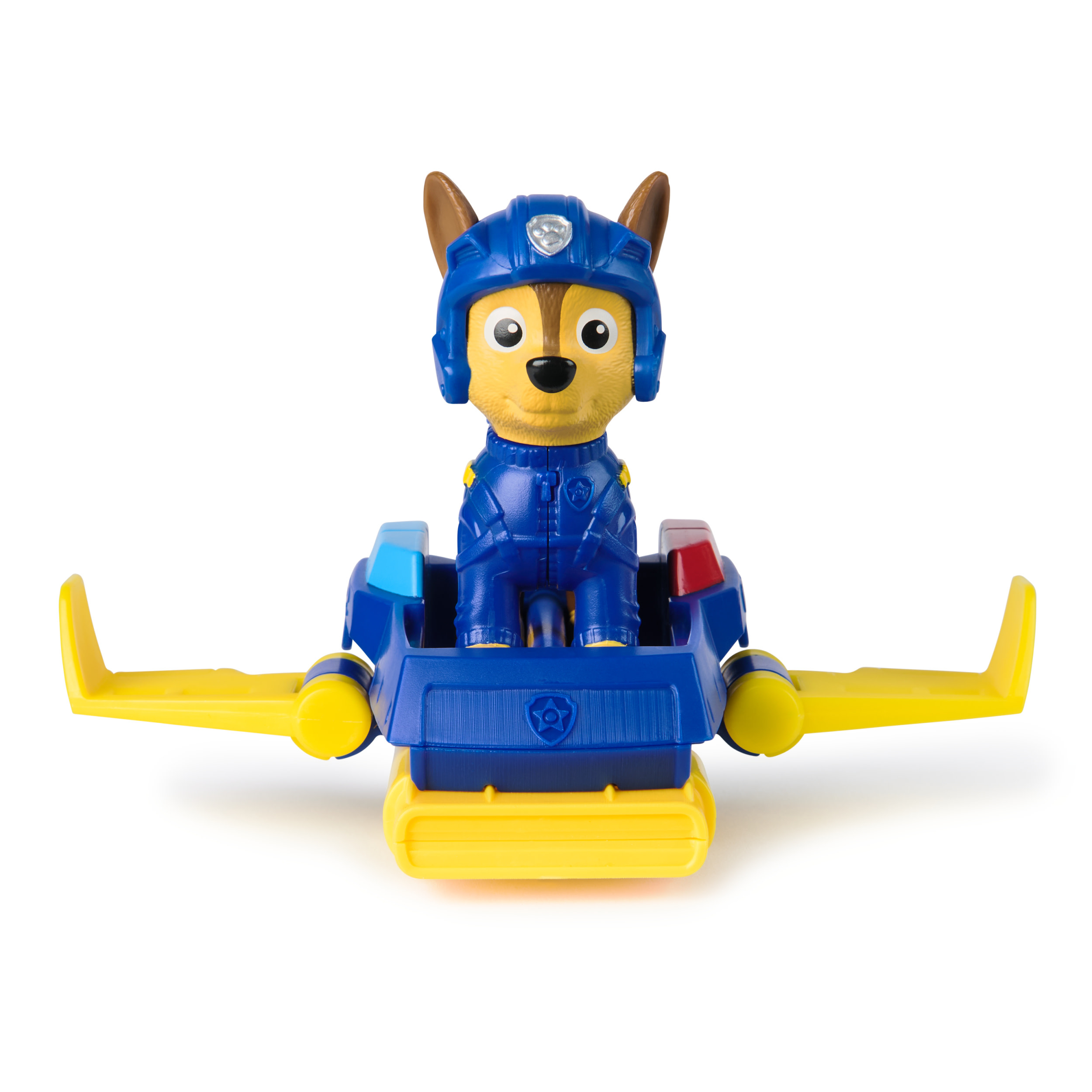 Chase Paw Patrol Spielzeug in einem blau-gelben Fahrzeug.