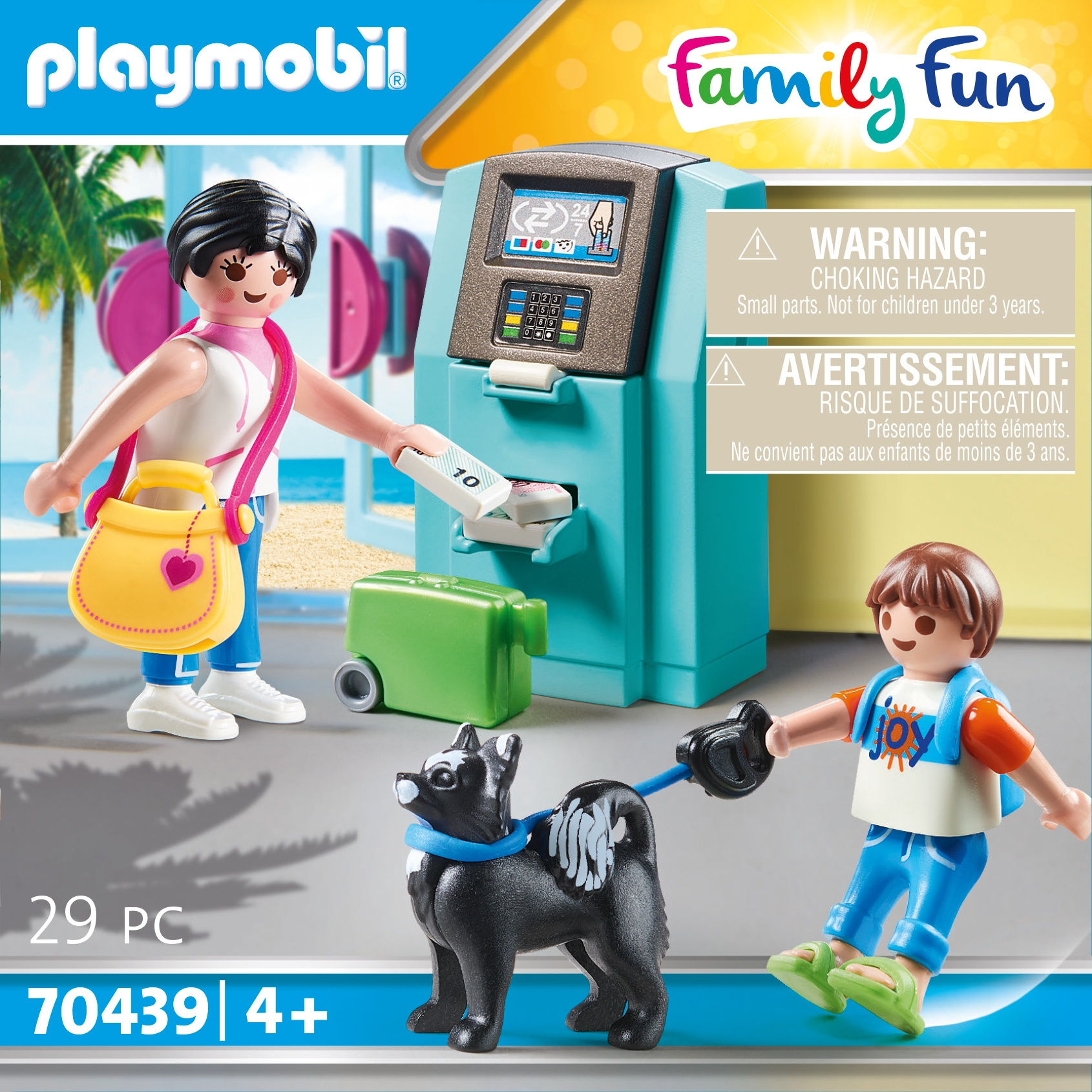 Playmobil-Szene. Eine Frau und ein Junge mit einem Hund. Ein Geldautomat im Hintergrund.