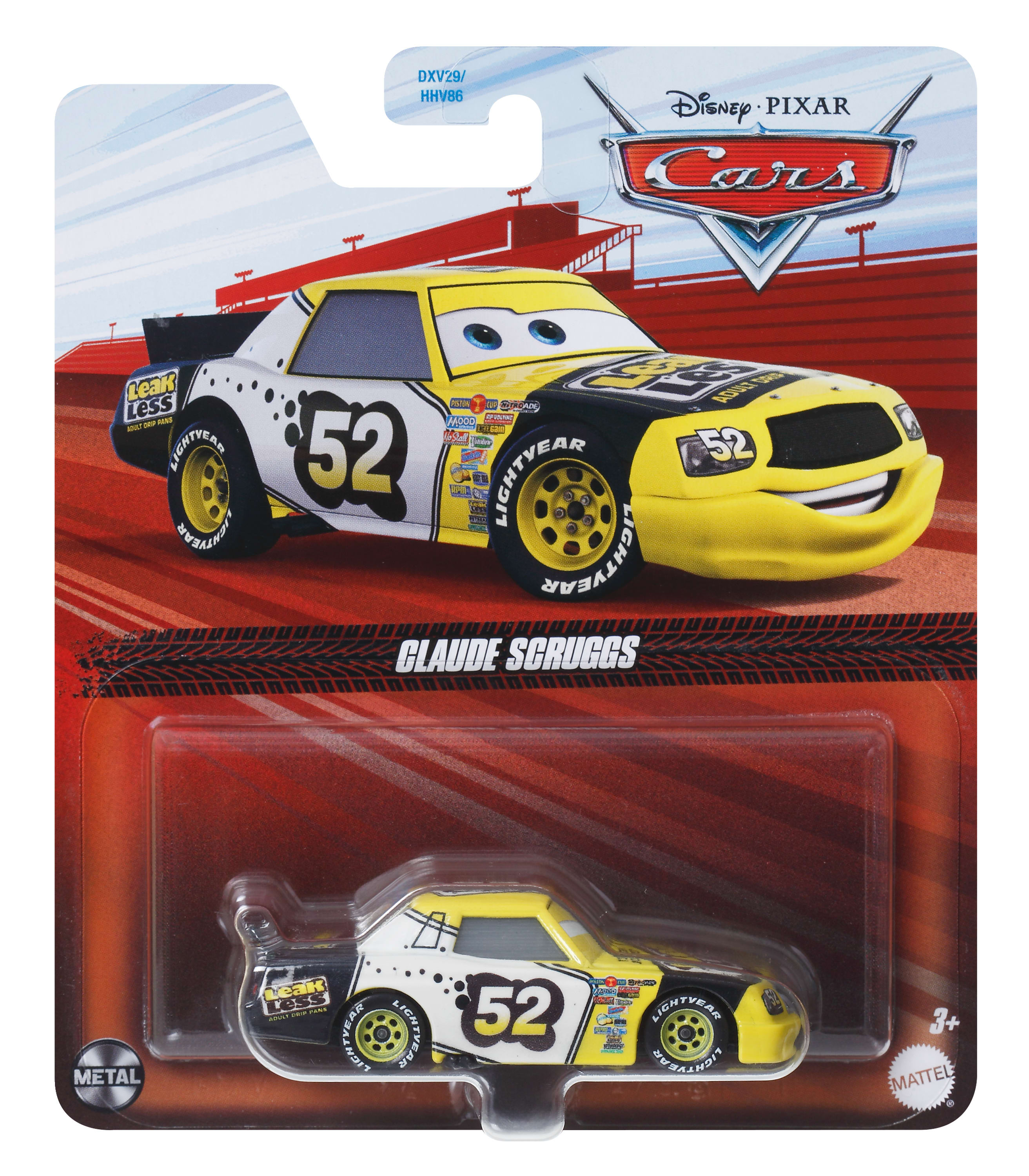 Ein Spielzeug-Rennwagen in einer Verpackung, mit der Marke Claude Scruggs, mit gelb-schwarzem Design.