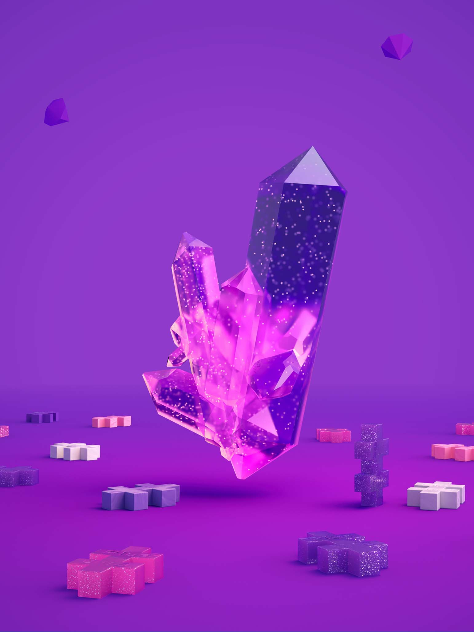 Ein großer lila Kristall mit anderen kleinen geometrischen Formen auf lila Hintergrund.