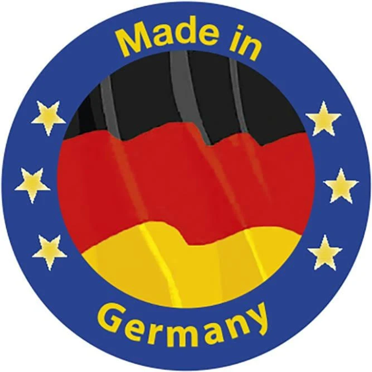 Okrągła niebieska naklejka z żółtymi gwiazdami i flagą Niemiec pośrodku.