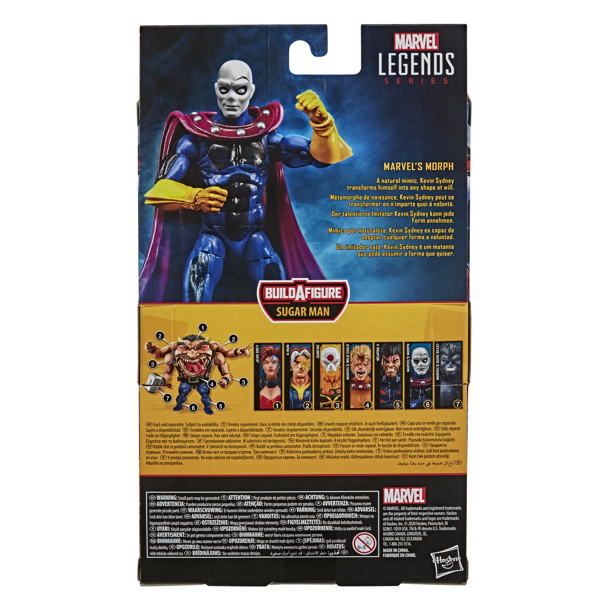 Retro di una scatola Marvel Legends. Mostra una action figure blu di Morph e altre figure.