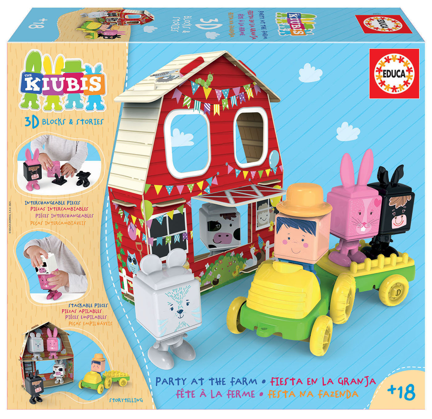 Pudełko z zestawem zabawek ze sceną z farmy. Pudełko przedstawia scenę z farmy z figurkami i czerwoną stodołą.