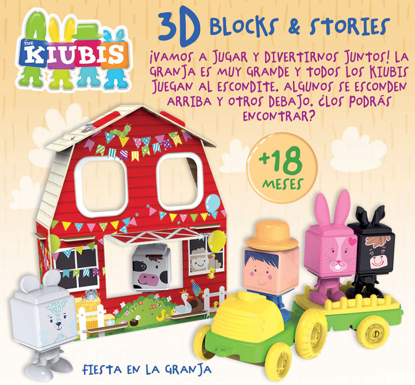 Scena z farmy z klockami, czerwonym stodołą, postaciami i tekstem.