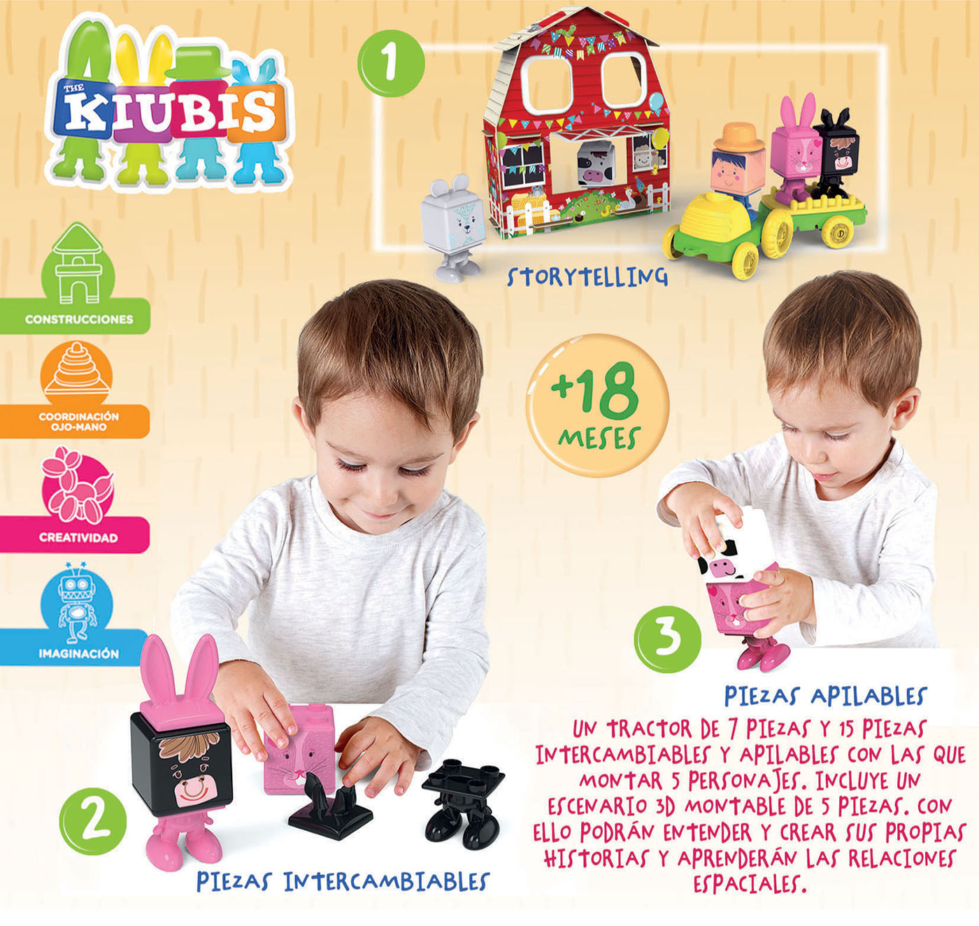 Dwoje dzieci bawiących się klockami, czerwoną stodołą i postaciami.