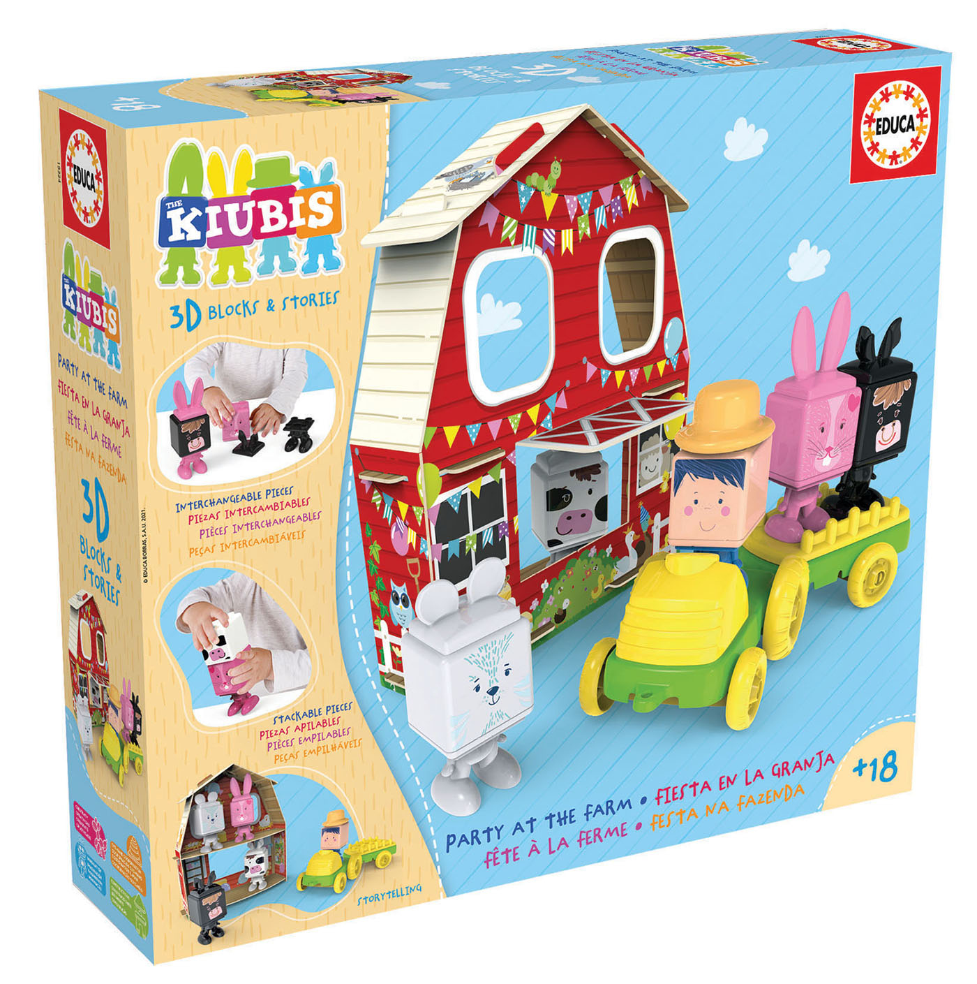 Pudełko z zestawem zabawek ze sceną z farmy. Pudełko przedstawia scenę z farmy z figurkami i czerwoną stodołą.