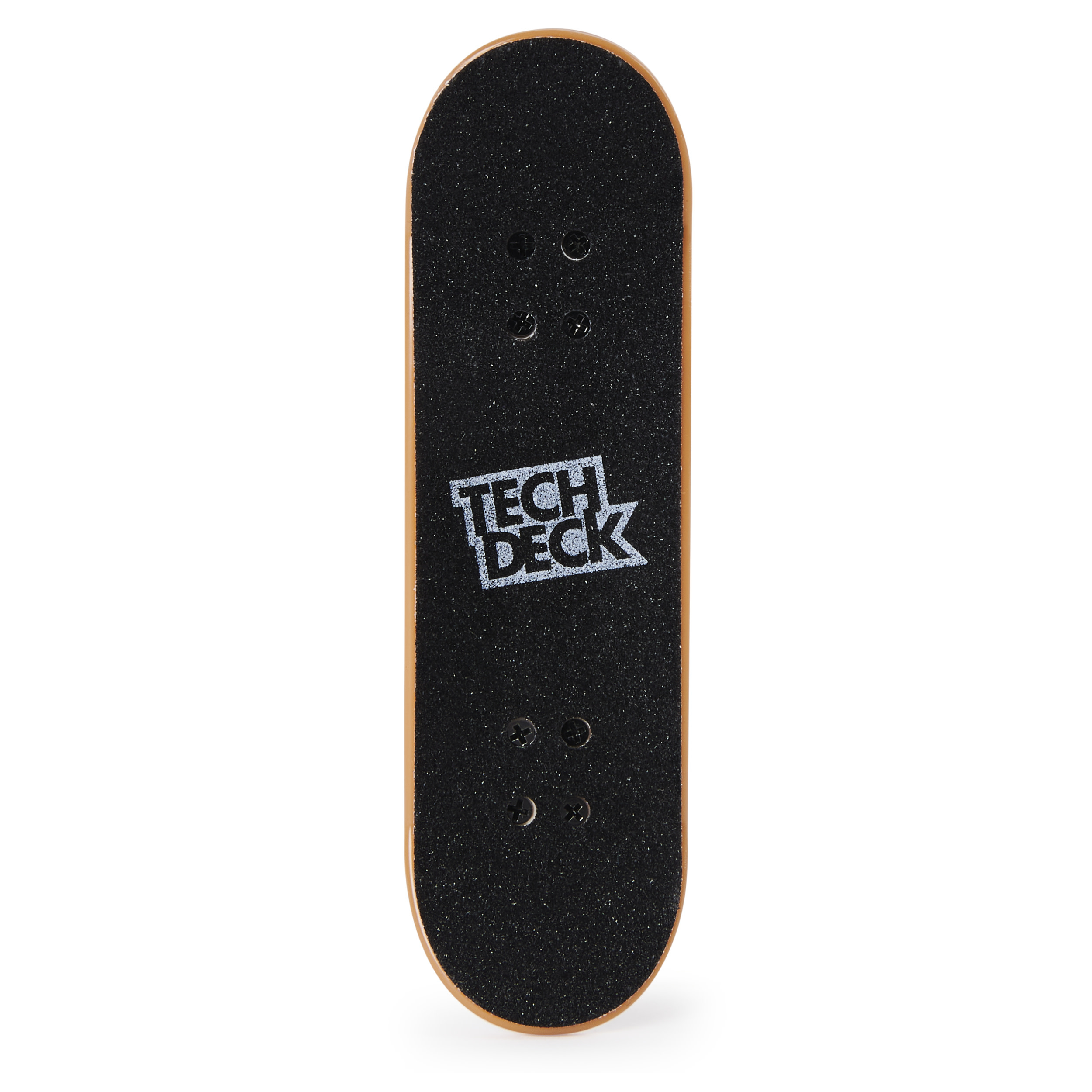 Ein schwarzes Tech Deck Skateboard mit dem Markennamen. Das Board hat schwarzes Griptape.