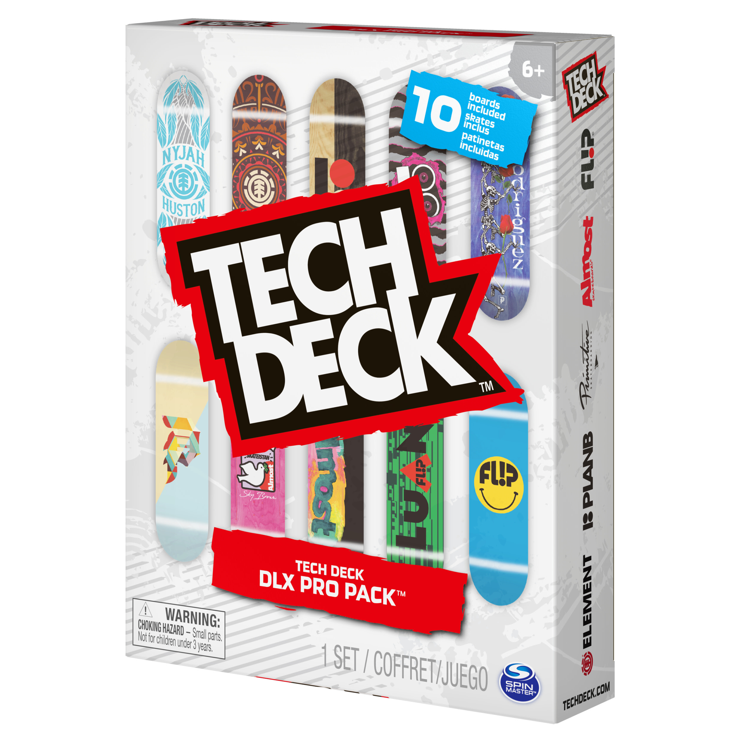 Un set di scatole Tech Deck con diversi skateboard in miniatura e le parole TECH DECK e DLX PRO PACK.
